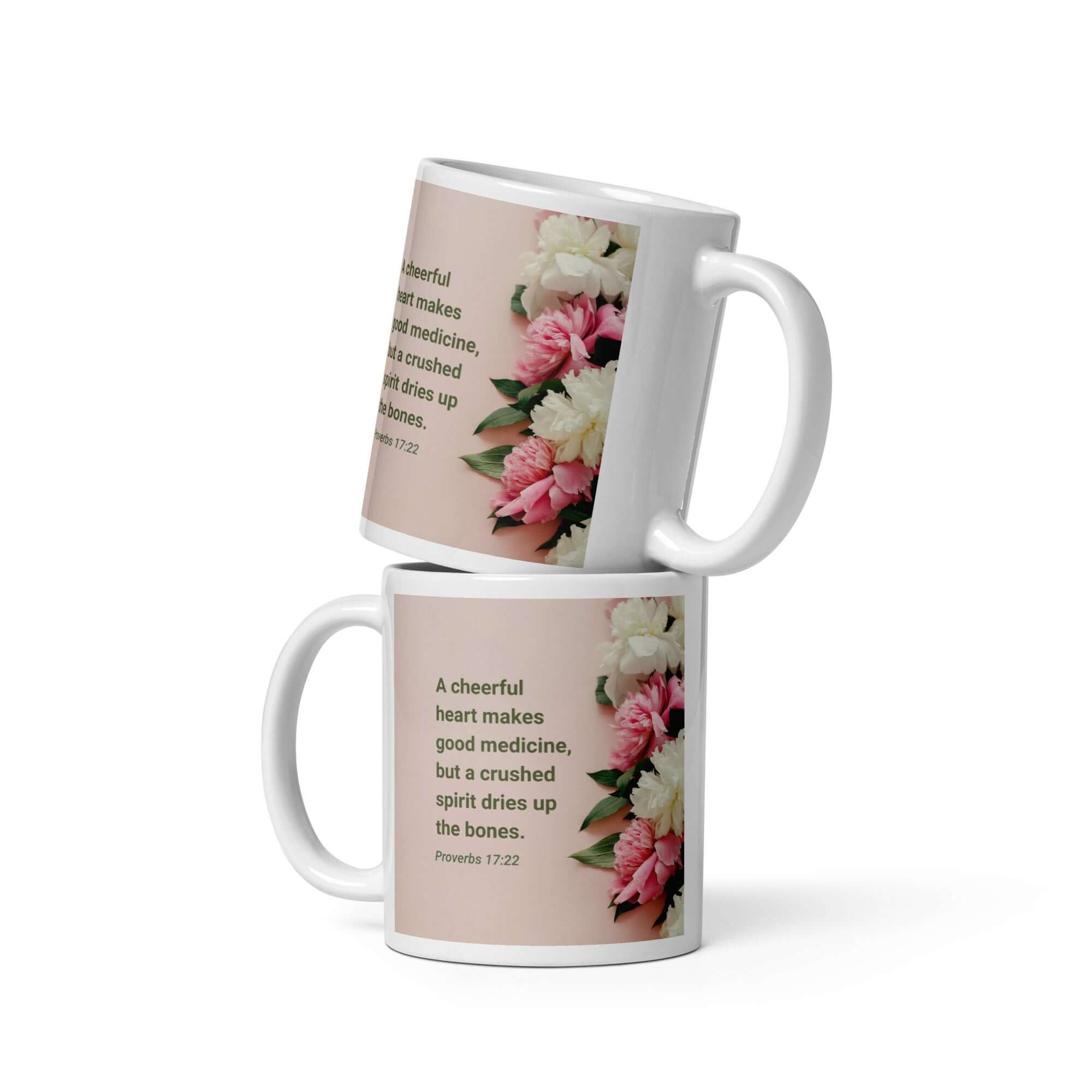 Proverbs 17:22 Bible Verse, good medicine White Glossy Mug 11 oz