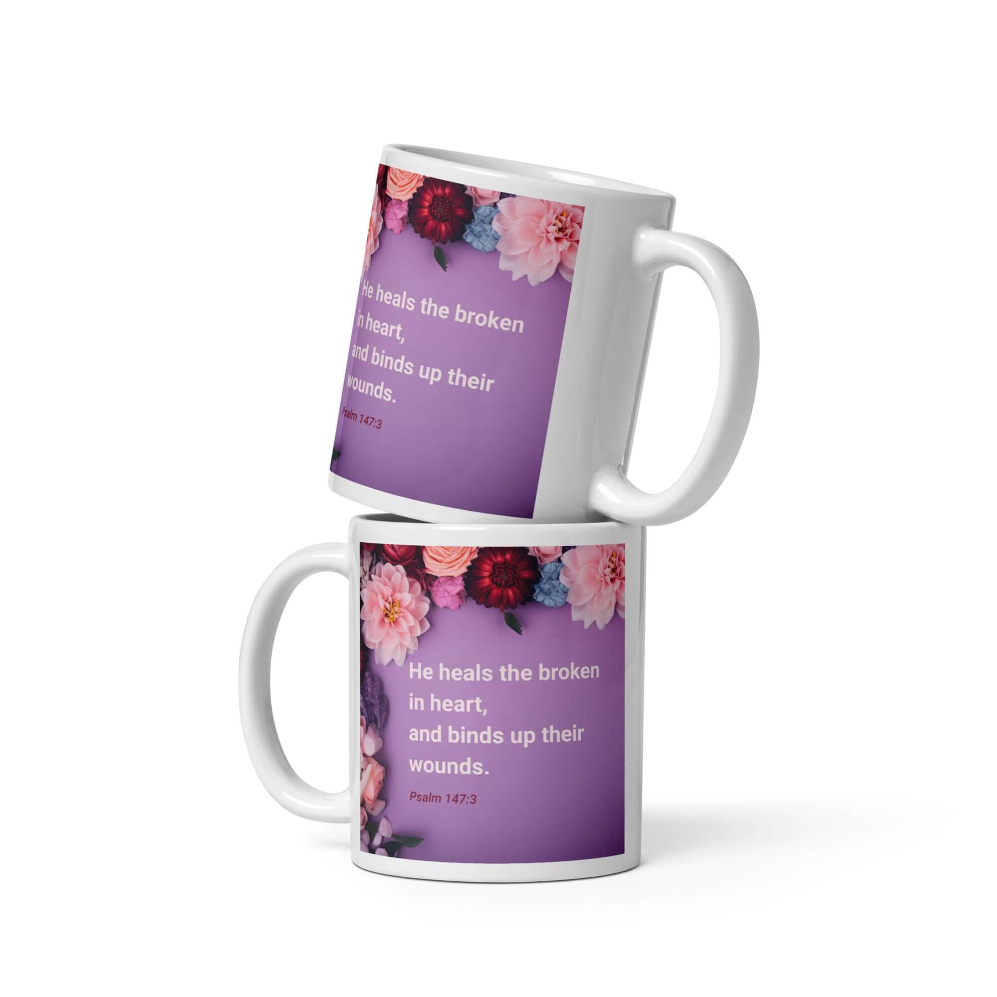 Psalm 147:3 Bible Verse, He heals the broken White Glossy Mug 11 oz