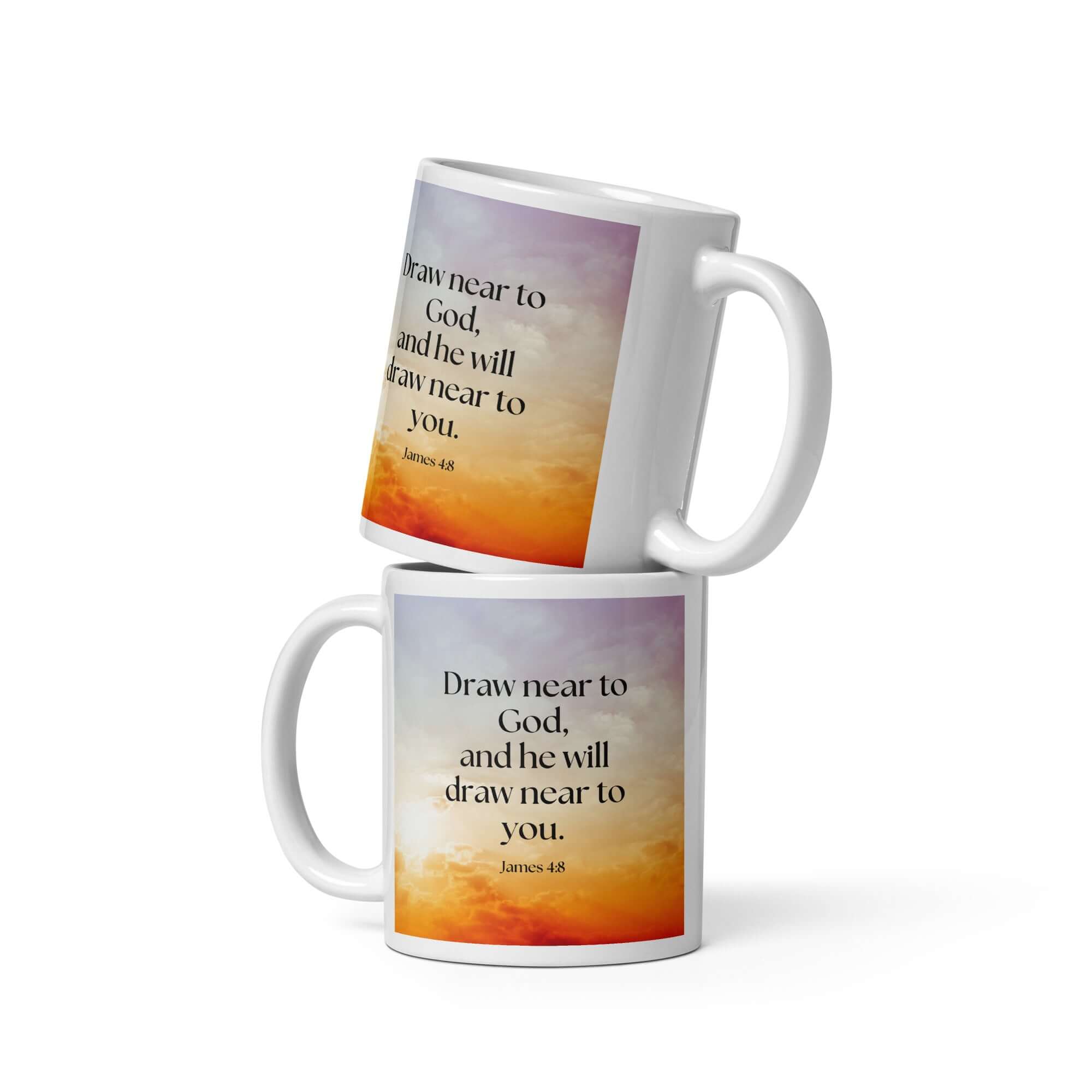 James 4:8 Bible Verse, he will draw White Glossy Mug 11 oz