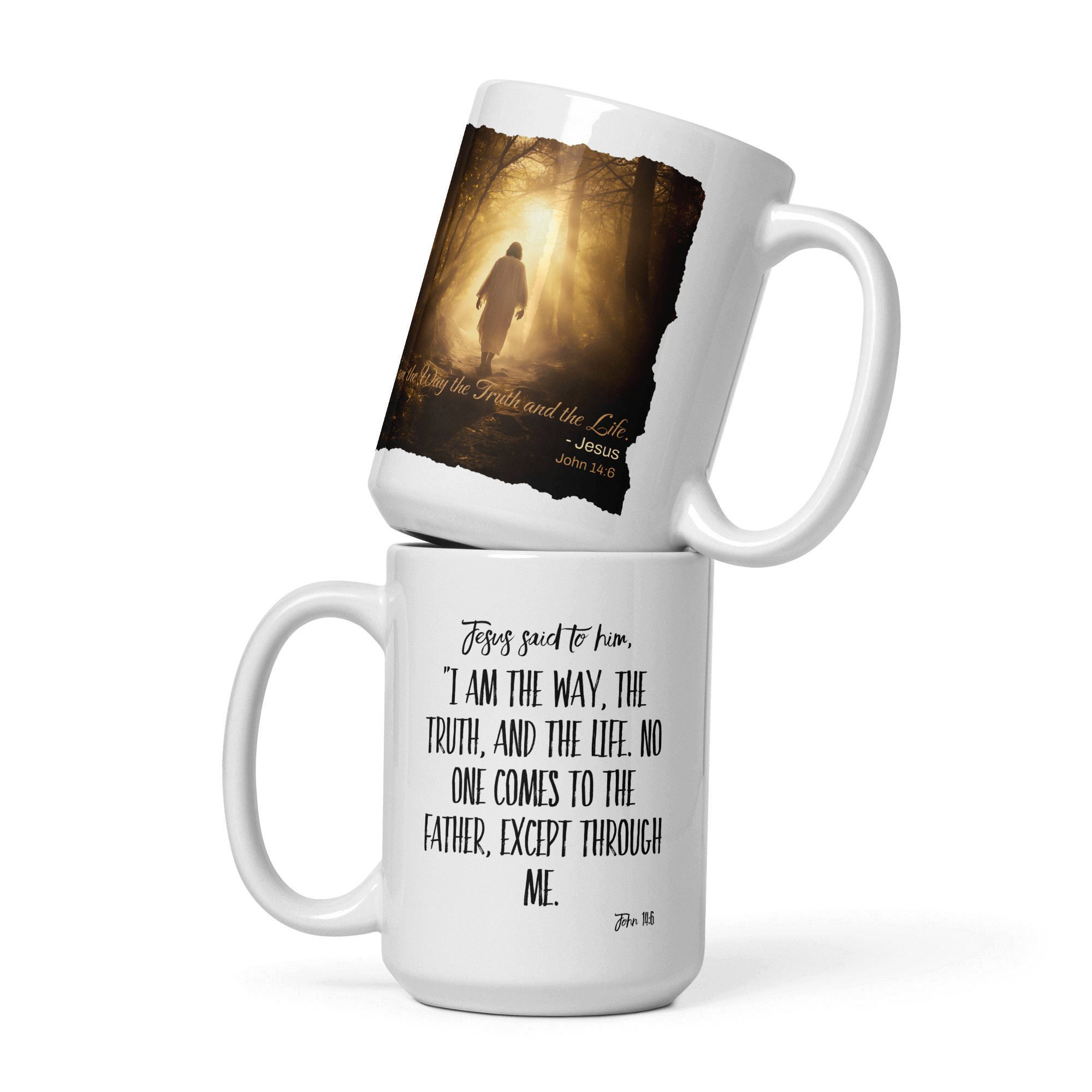 John 14:6 Bible Verse, Forest Image White Glossy Mug 15 oz