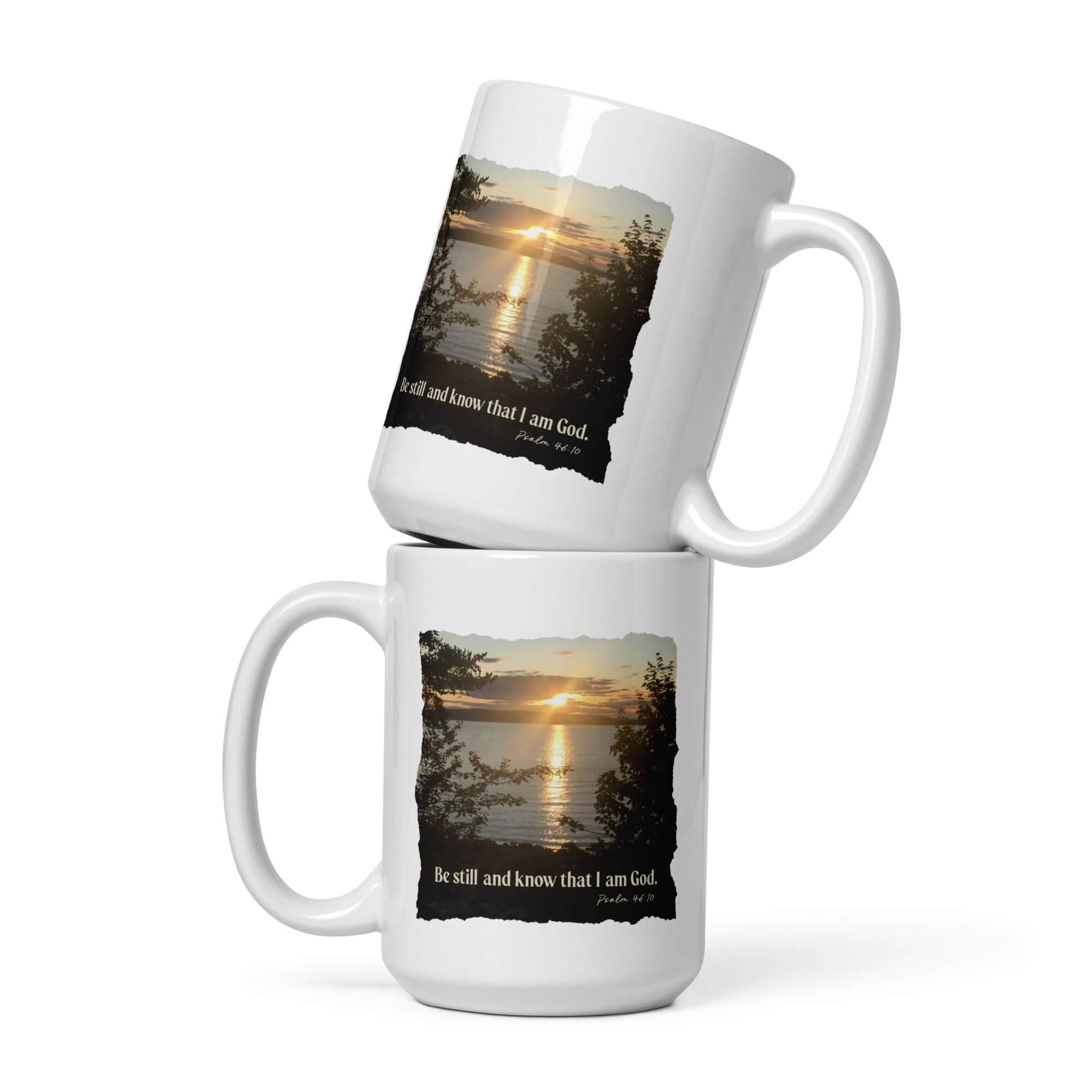 Psalm 46:10 Bible Verse, Sunset Glory White Glossy Mug 15 oz