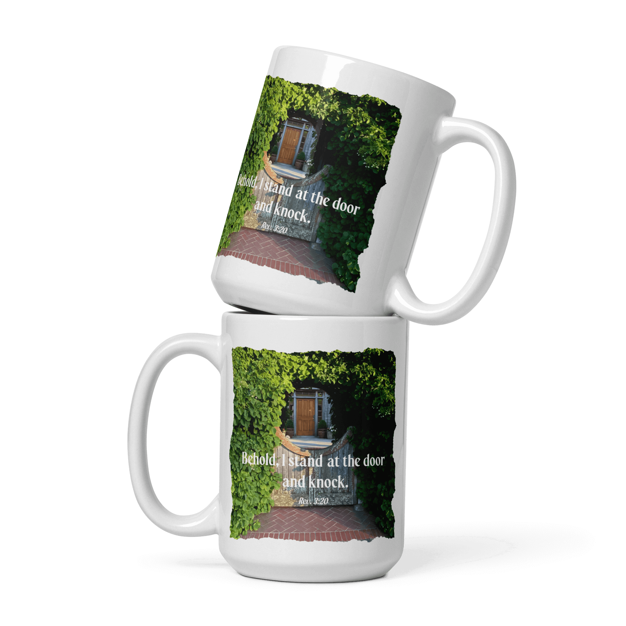 Revelation 3:20 Bible Verse, Garden Doorway White Glossy Mug 15 oz