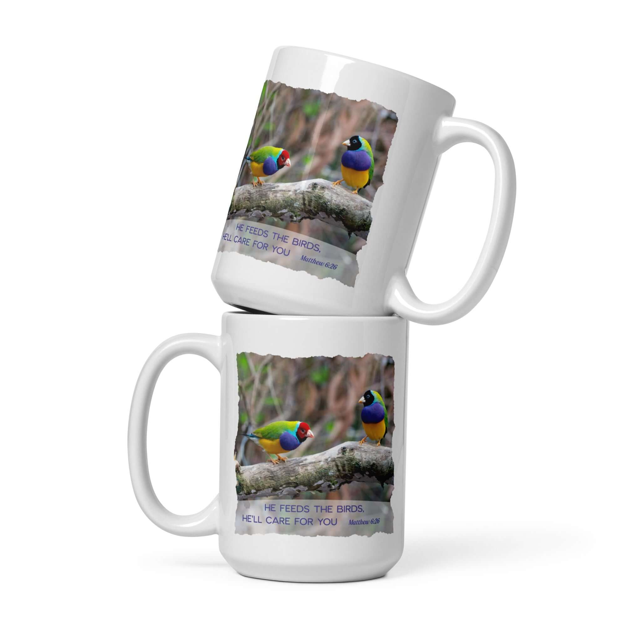 Matthew 6:26 Gouldian Finches, He'll Care for You White Glossy Mug 15 oz