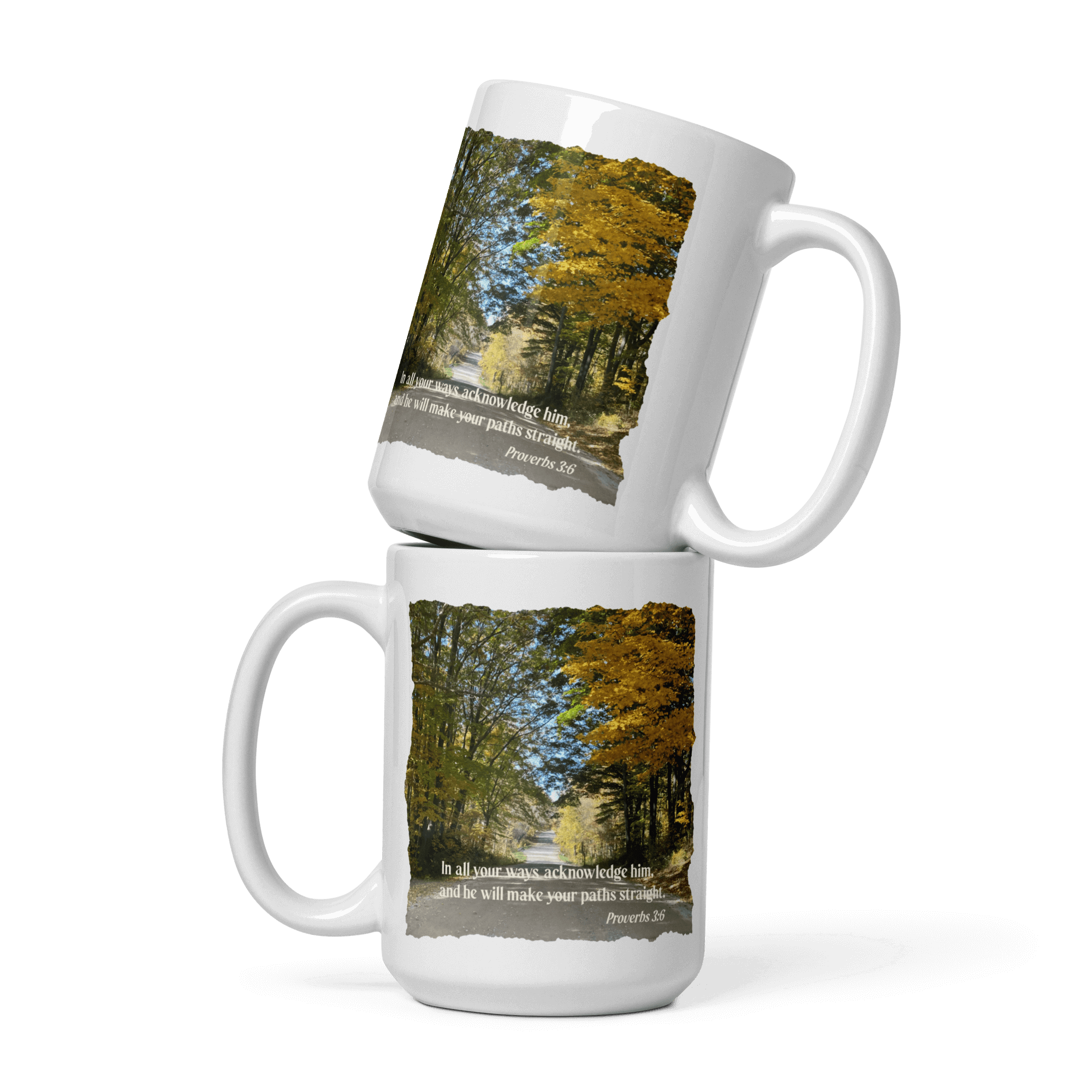 Proverbs 3:6 Bible Verse, Fall Road White Glossy Mug 15 oz