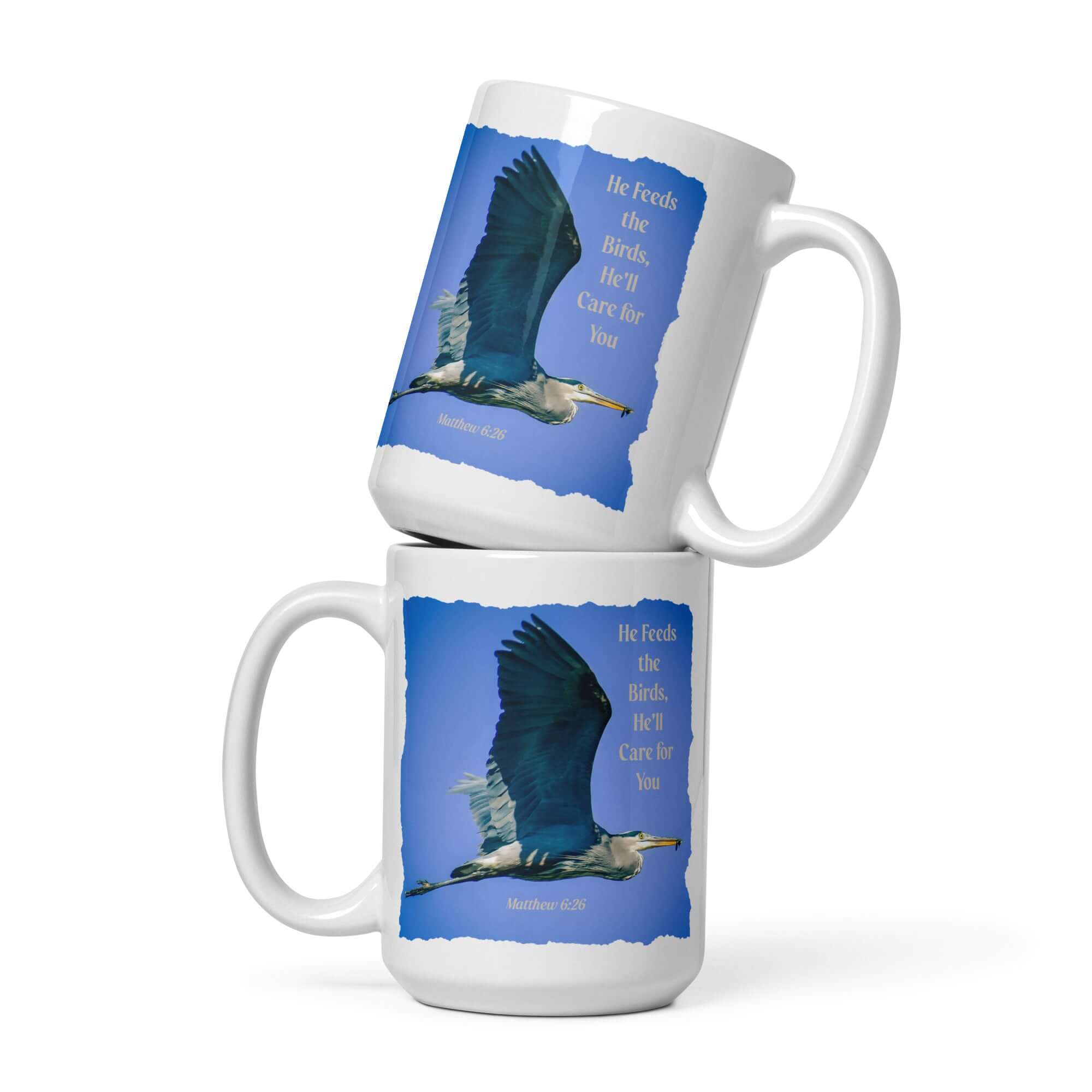 Matthew 6:26 Graceful Heron, He'll Care for You White Glossy Mug 15 oz