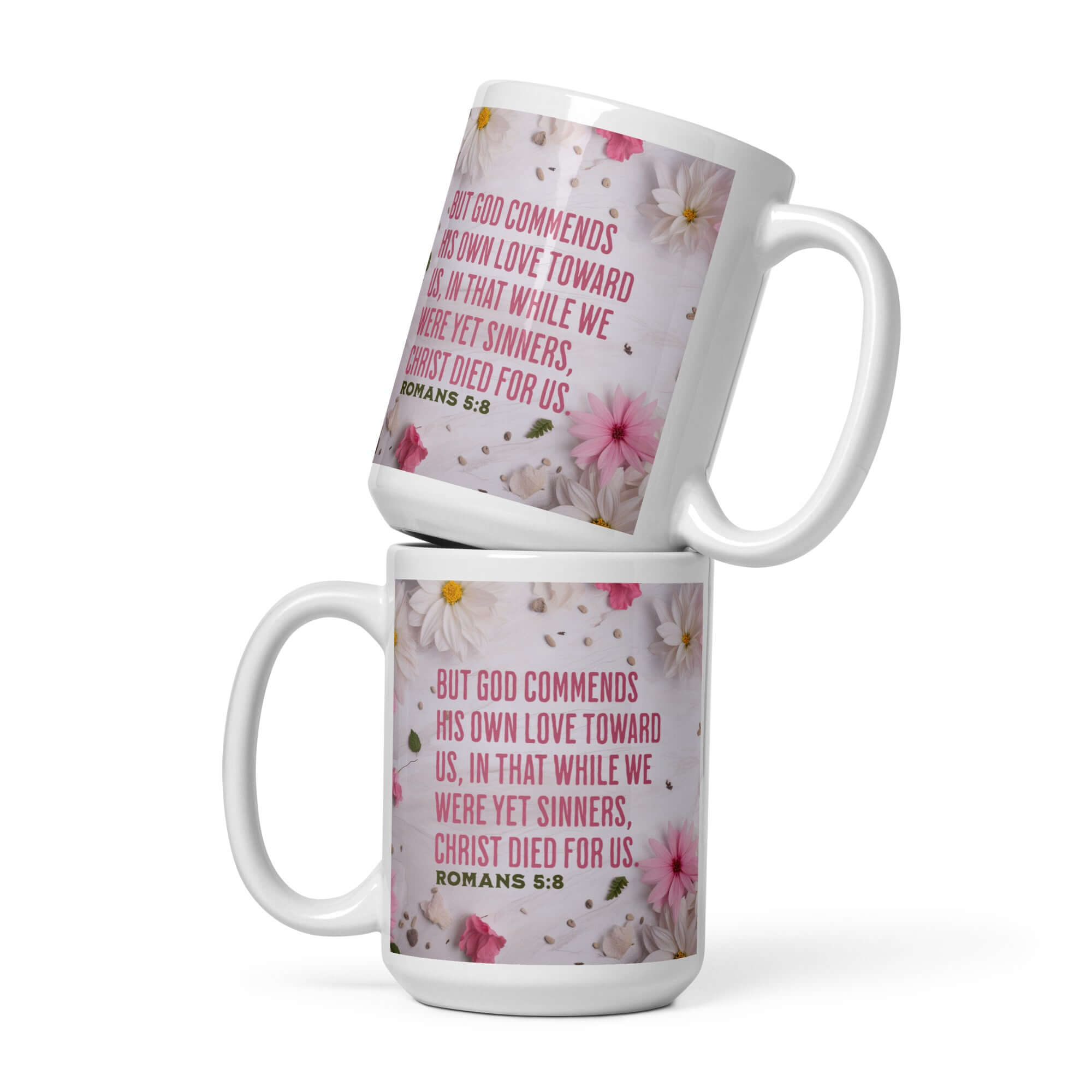 Romans 5:8 Bible Verse, Christ Died for Us White Glossy Mug 15 oz