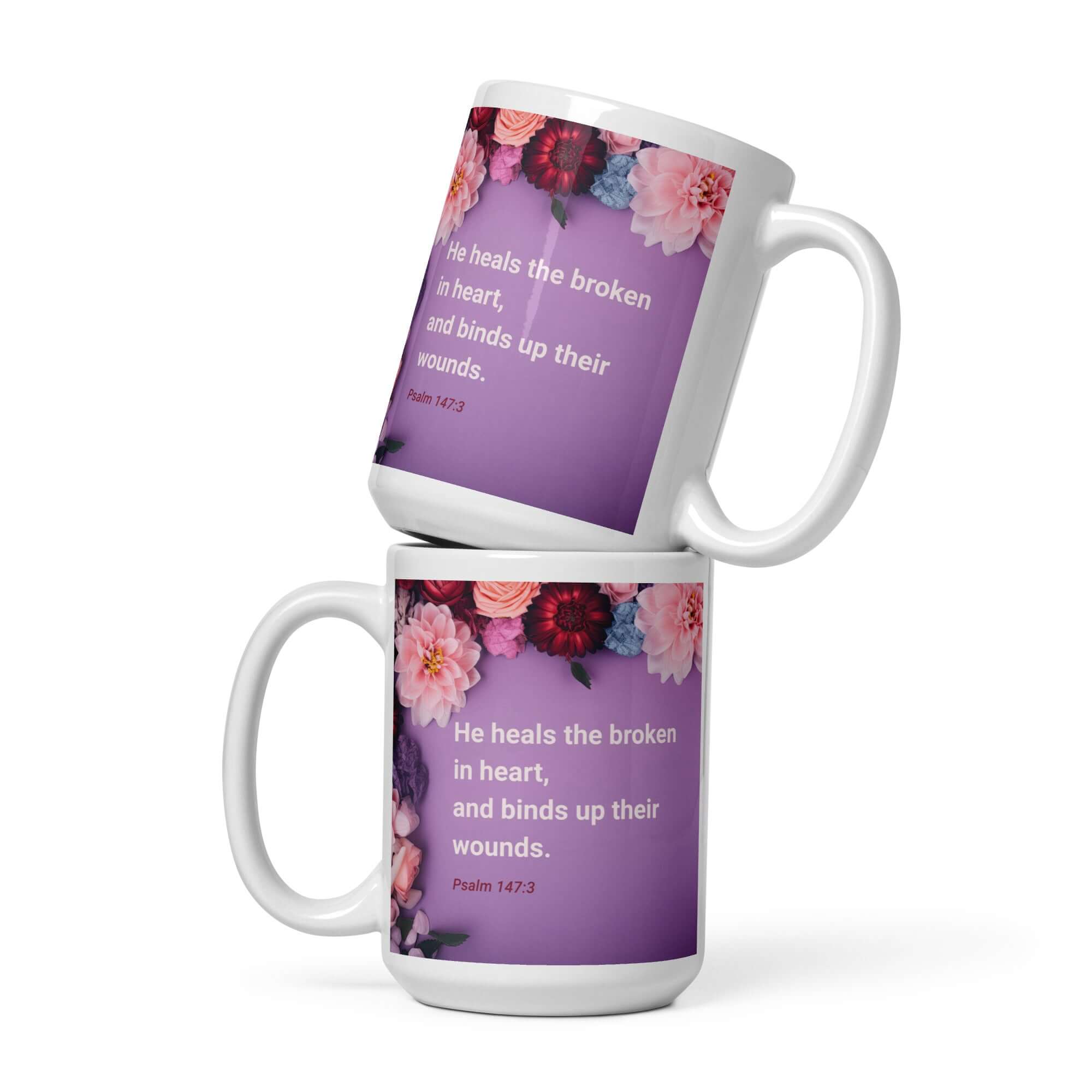 Psalm 147:3 Bible Verse, He heals the broken White Glossy Mug 15 oz