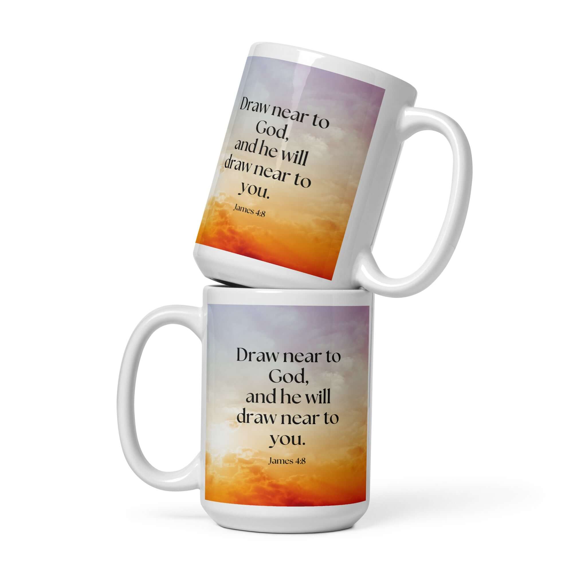 James 4:8 Bible Verse, he will draw White Glossy Mug 15 oz