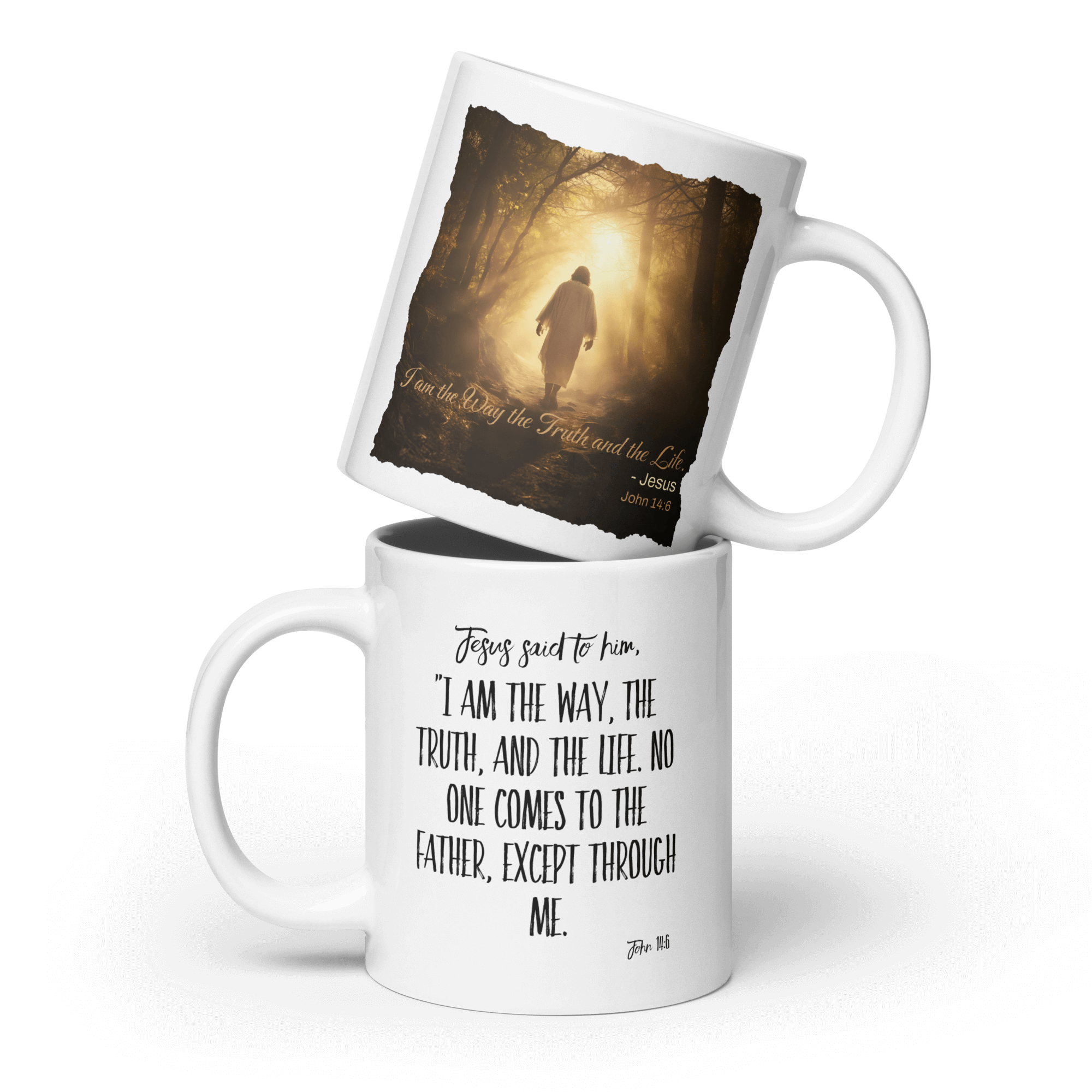 John 14:6 Bible Verse, Forest Image White Glossy Mug 20 oz