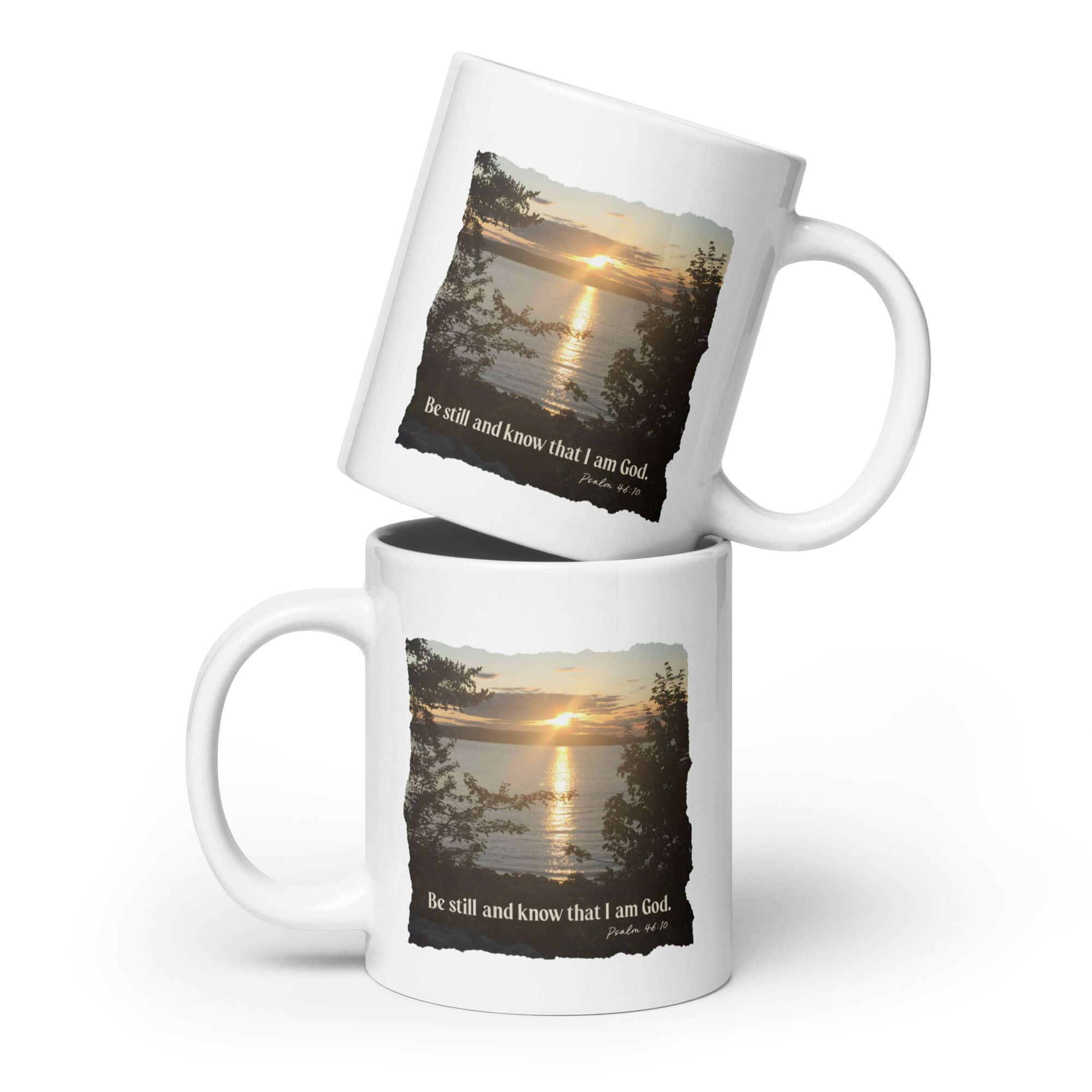 Psalm 46:10 Bible Verse, Sunset Glory White Glossy Mug 20 oz