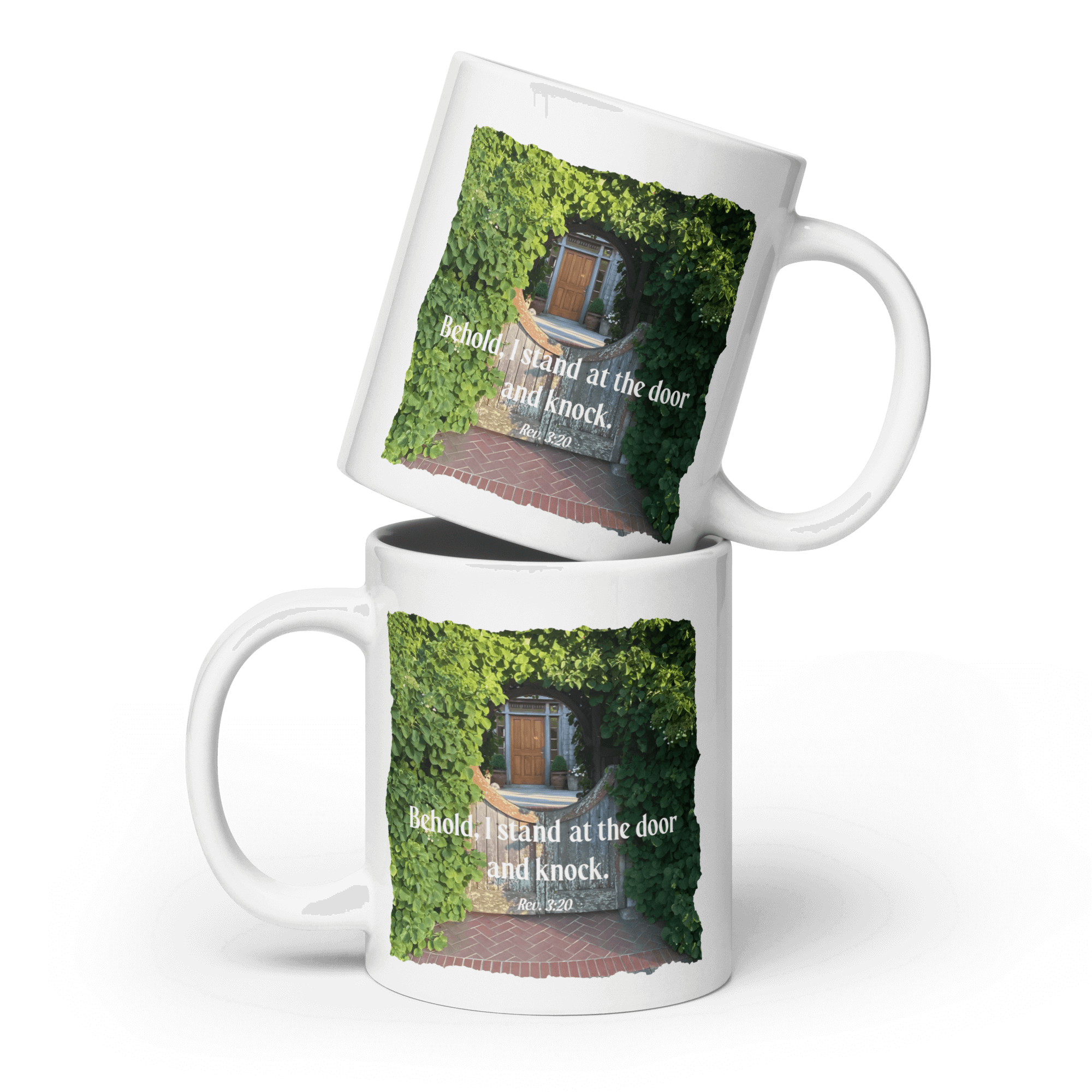 Revelation 3:20 Bible Verse, Garden Doorway White Glossy Mug 20 oz