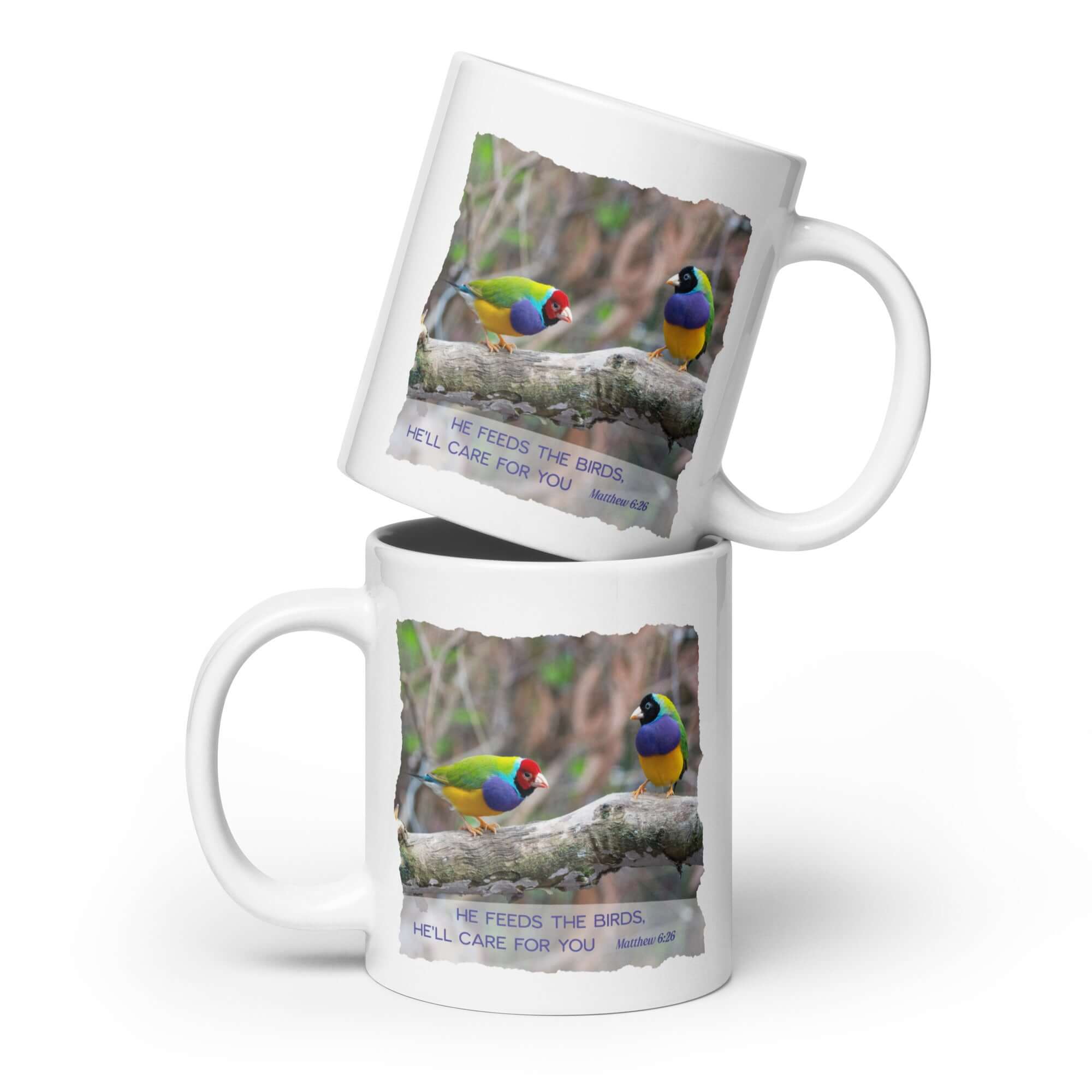Matthew 6:26 Gouldian Finches, He'll Care for You White Glossy Mug 20 oz