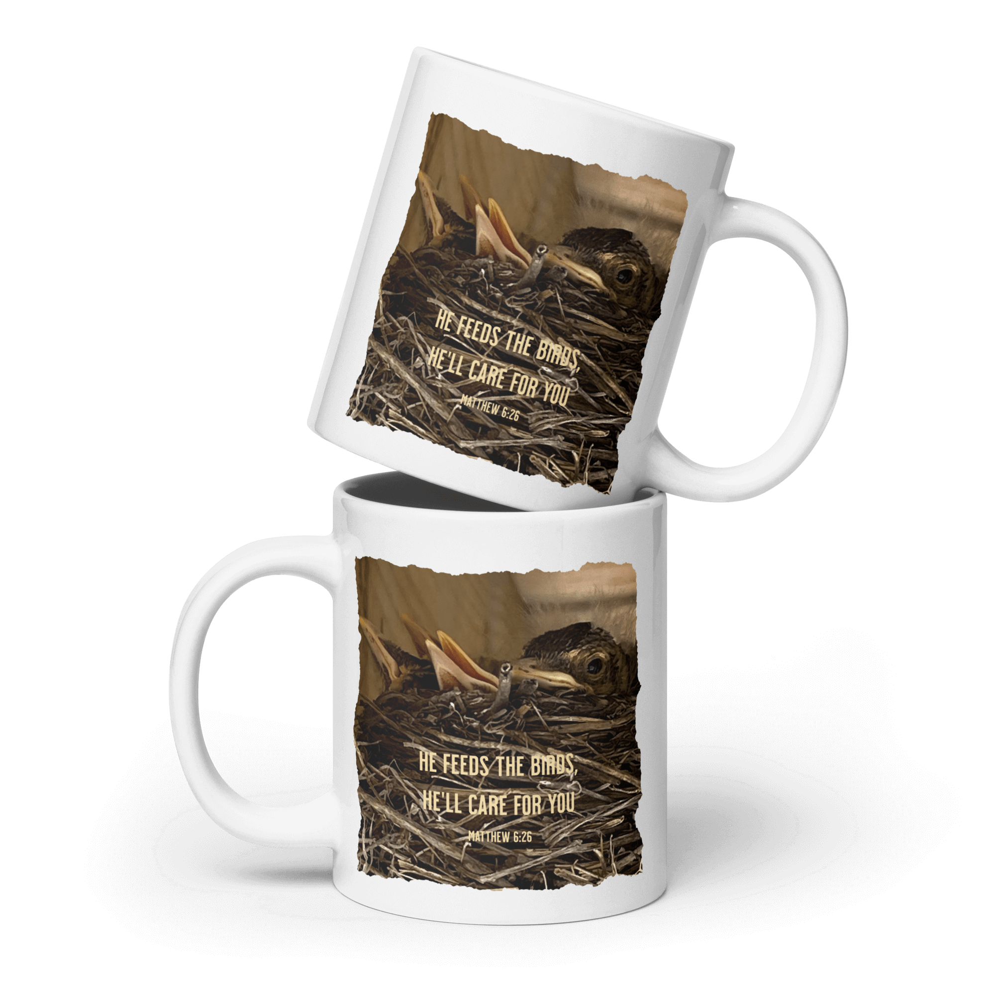 Matthew 6:26 Baby Robins, He'll Care for You White Glossy Mug 20 oz