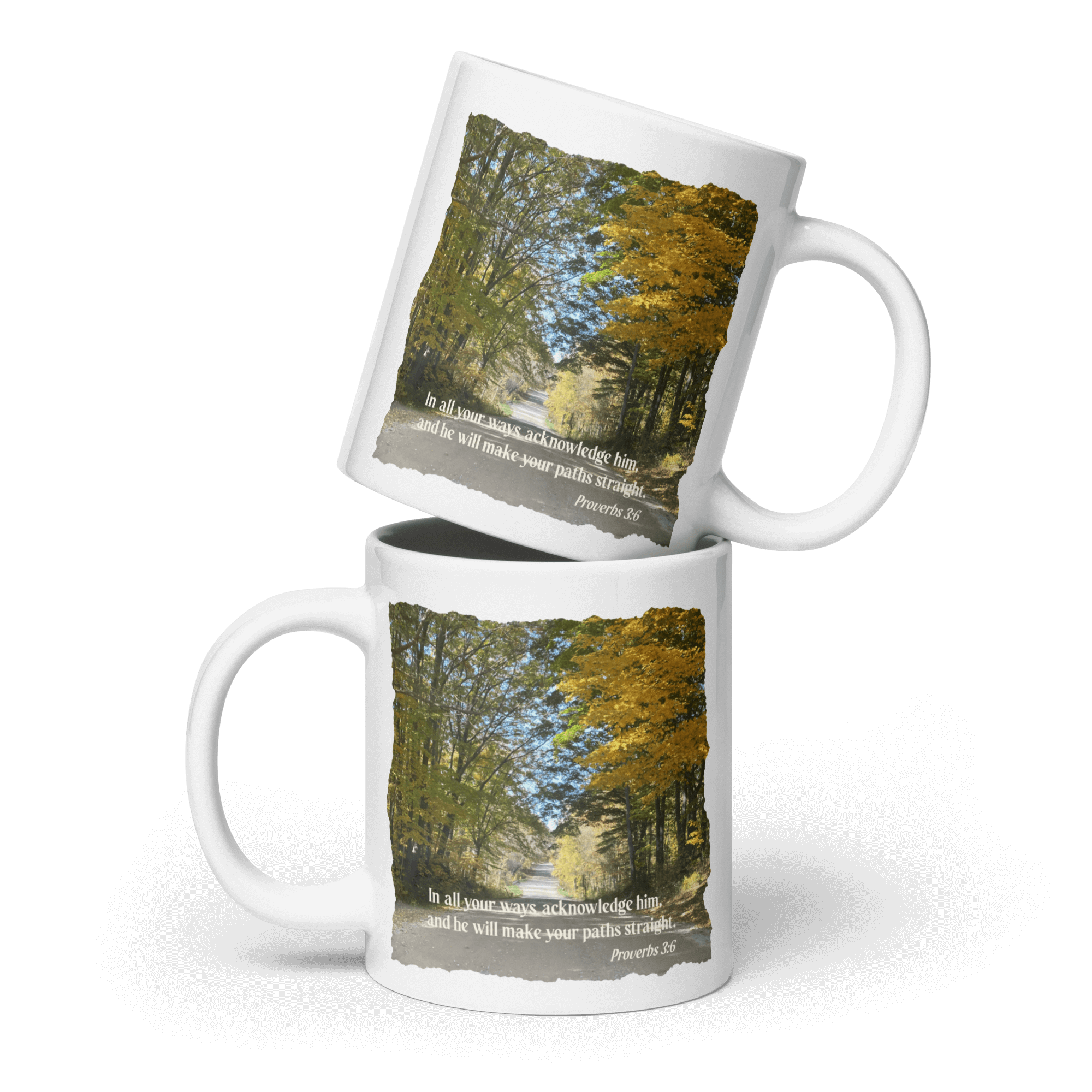Proverbs 3:6 Bible Verse, Fall Road White Glossy Mug 20 oz