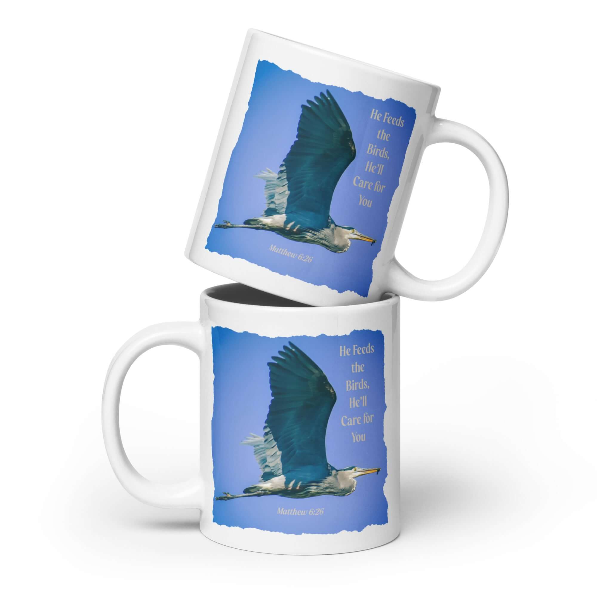 Matthew 6:26 Graceful Heron, He'll Care for You White Glossy Mug 20 oz