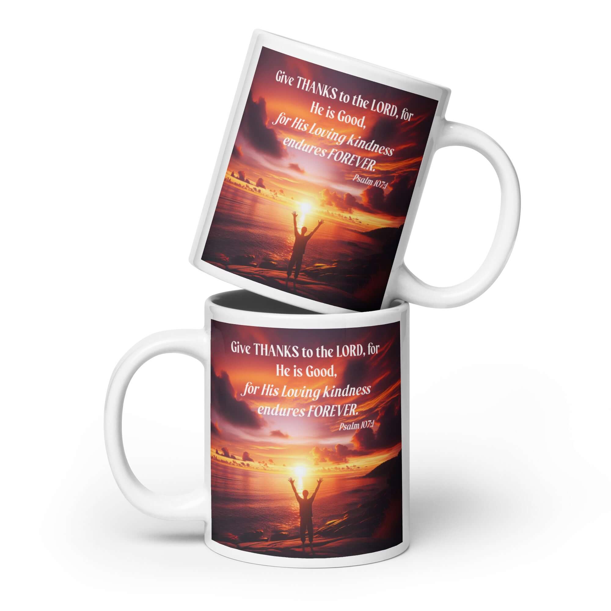 Psalm 107:1 Bible Verse, Give Thanks to the Lord White White Glossy Mug 20 oz