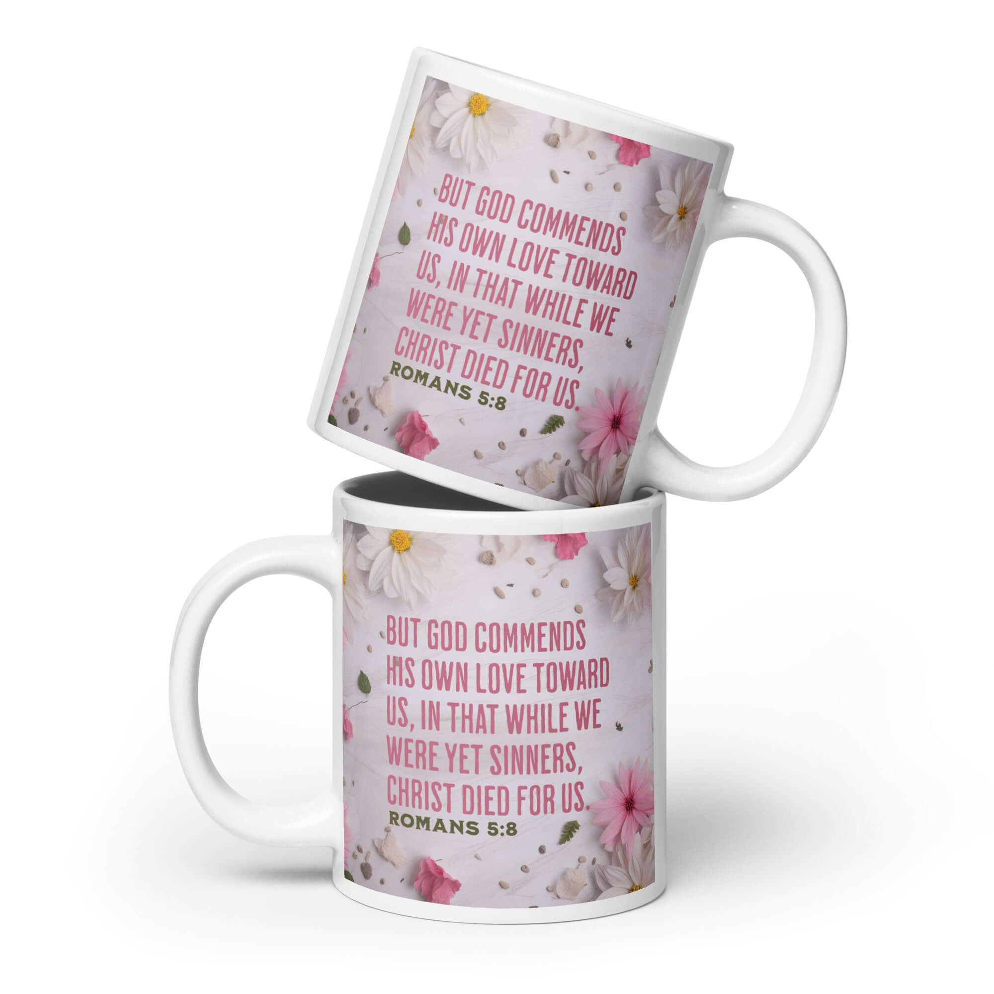 Romans 5:8 Bible Verse, Christ Died for Us White Glossy Mug 20 oz