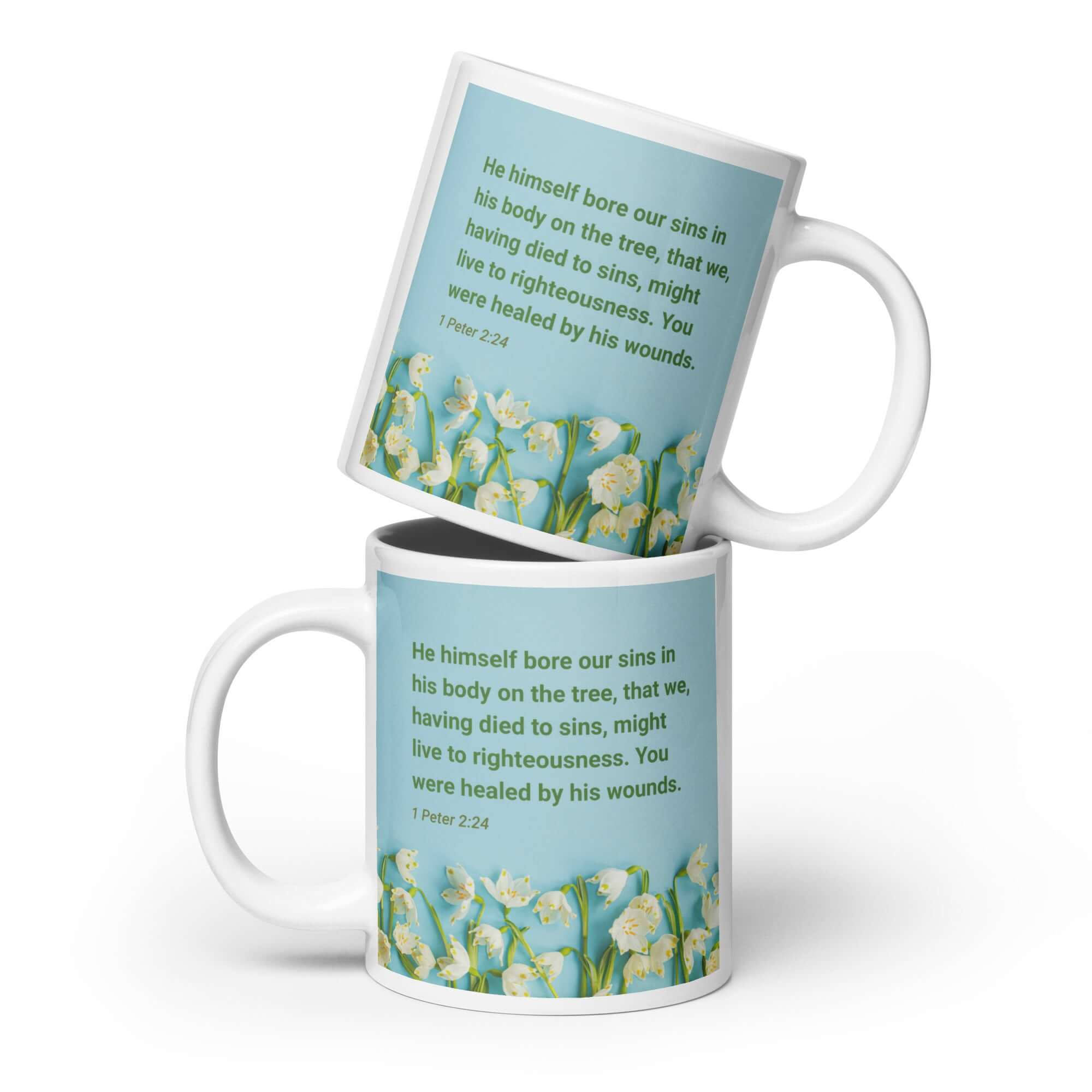 1 Peter 2:24 Bible Verse, healed by His wounds White Glossy Mug 20 oz