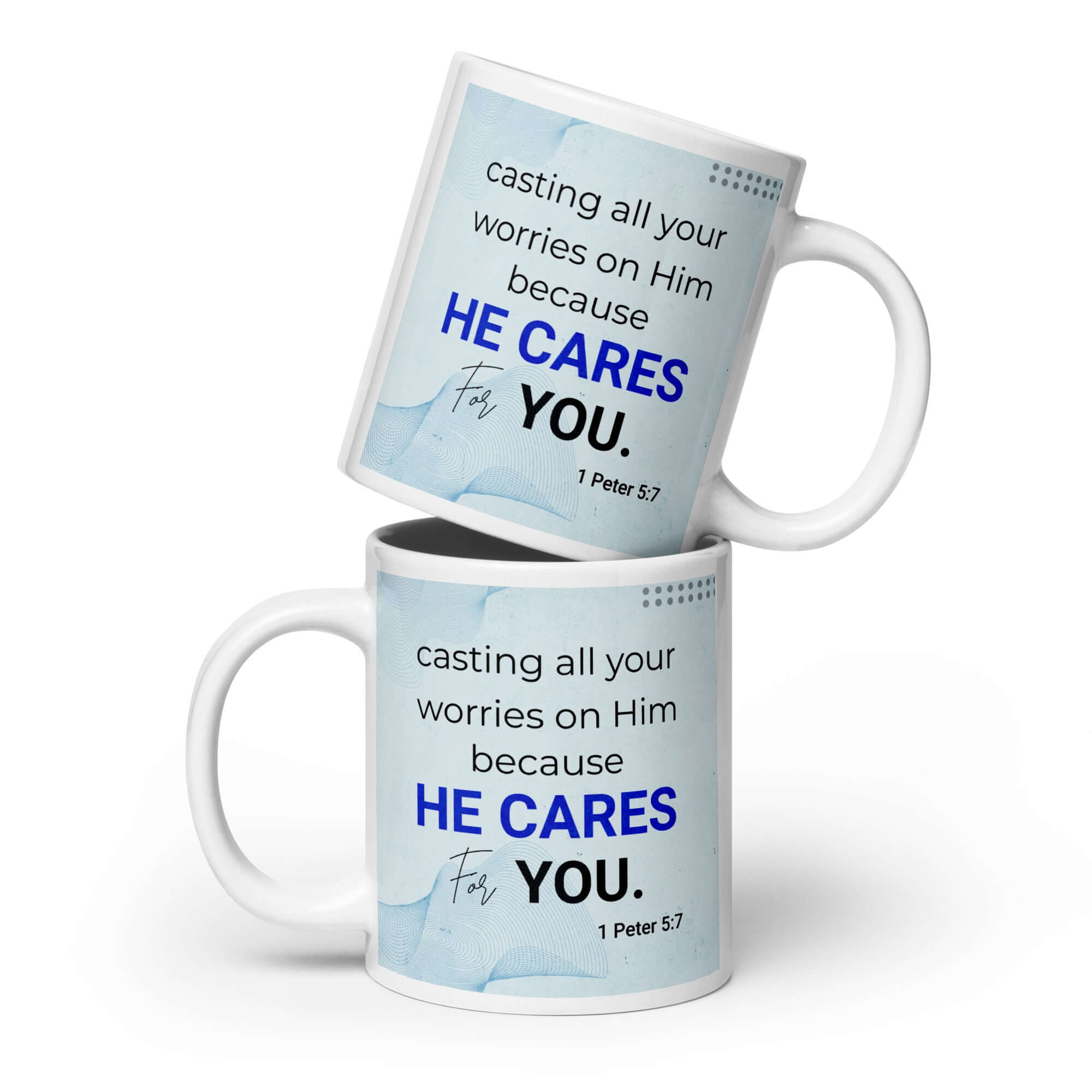 1 Peter 5:7 Bible Verse, casting all your worries on Him White Glossy Mug 20 oz