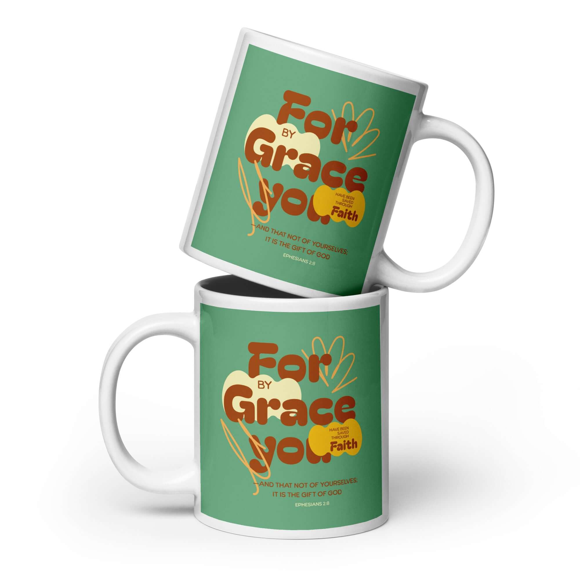 Ephesians 2:8 Bible Verse, for by grace White Glossy Mug 20 oz