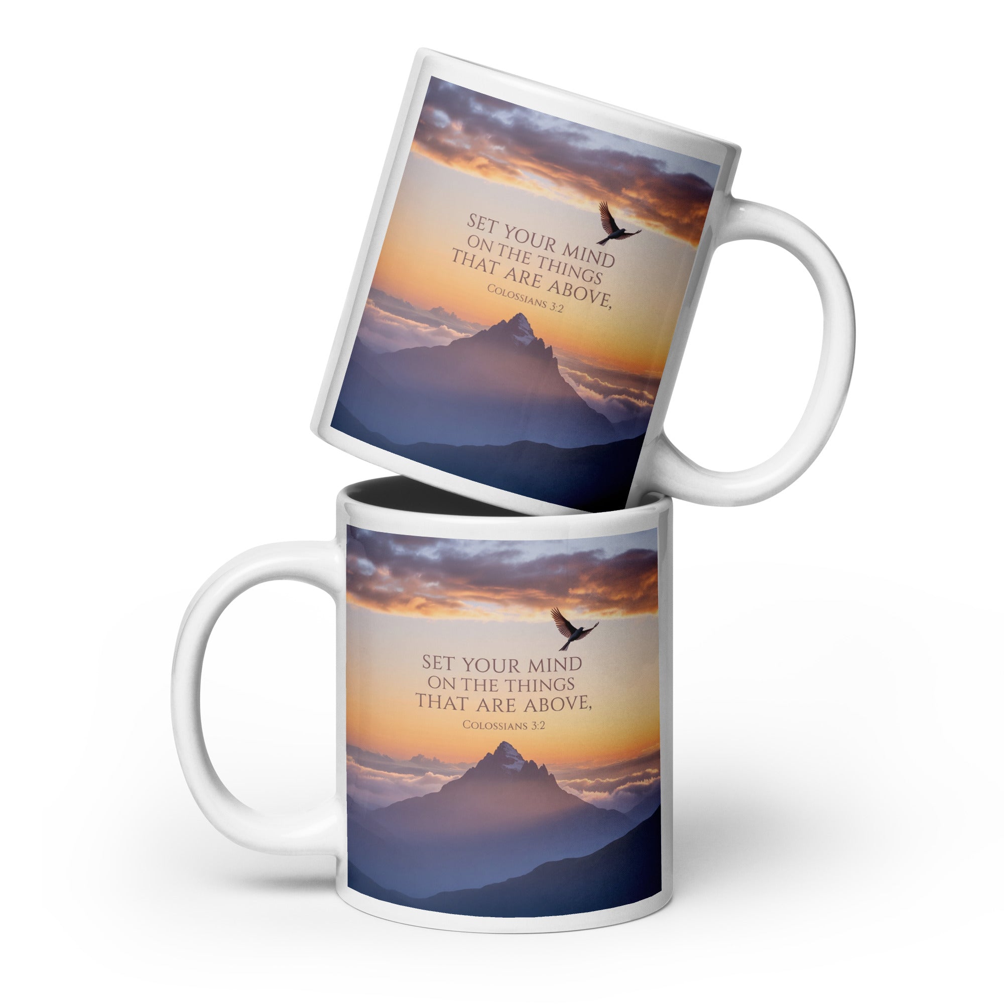 Colossians 3:2 Bible Verse are above White Glossy Mug 20 oz