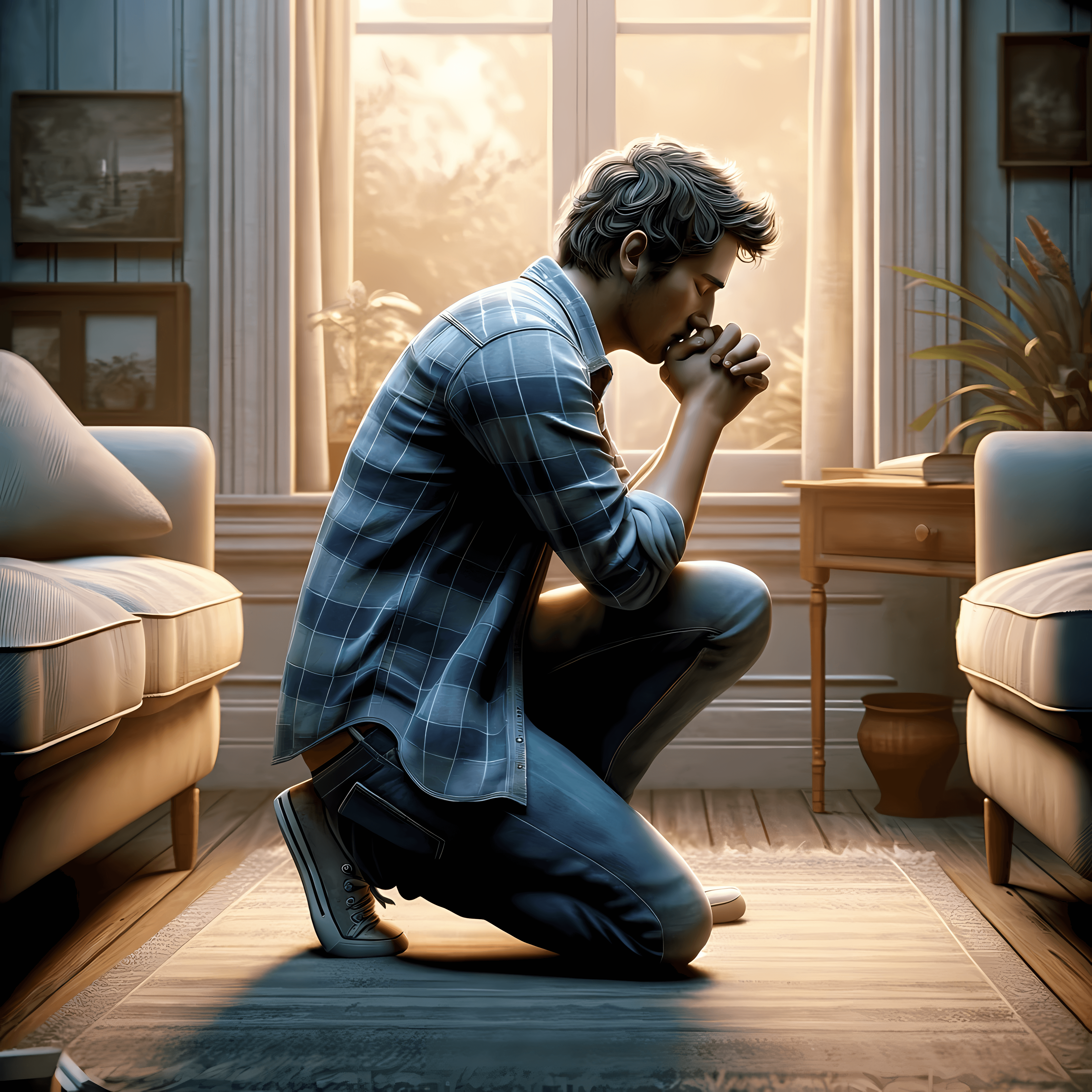 A digital depiction of a person in everyday, casual attire, and engaged in prayer