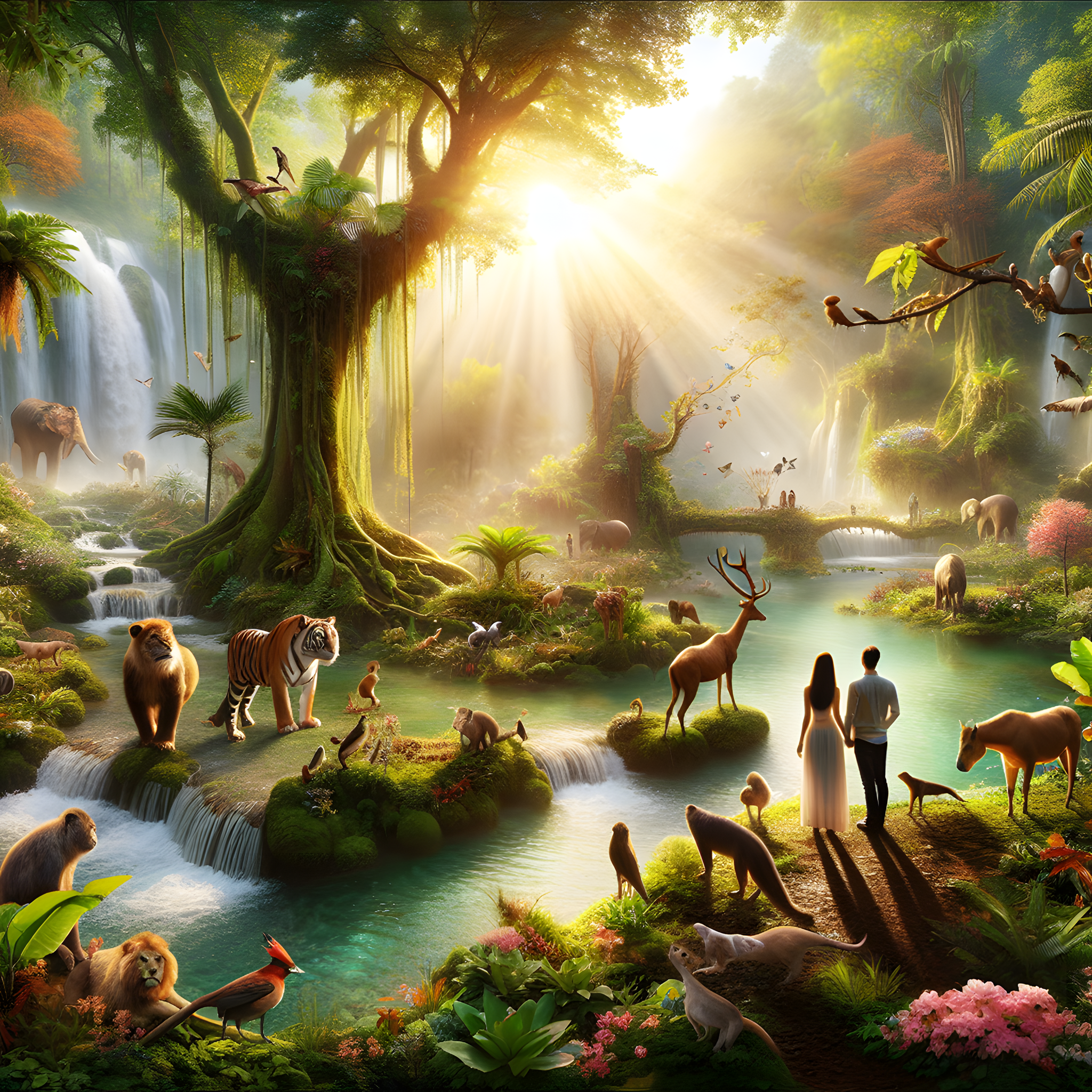 Adam and Eve in the Garden of Eden with animals