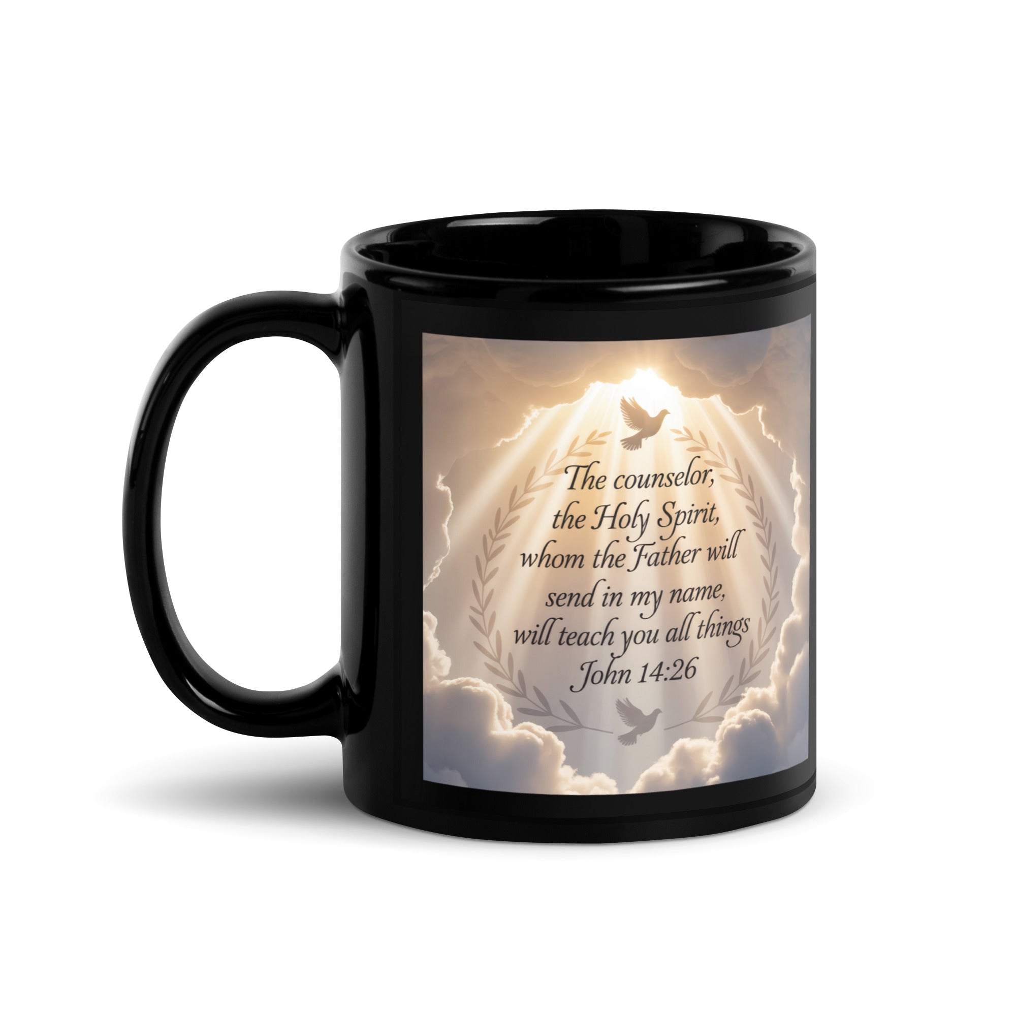 John 14:26 Bible Verse Counselor Black Glossy Mug 11 oz