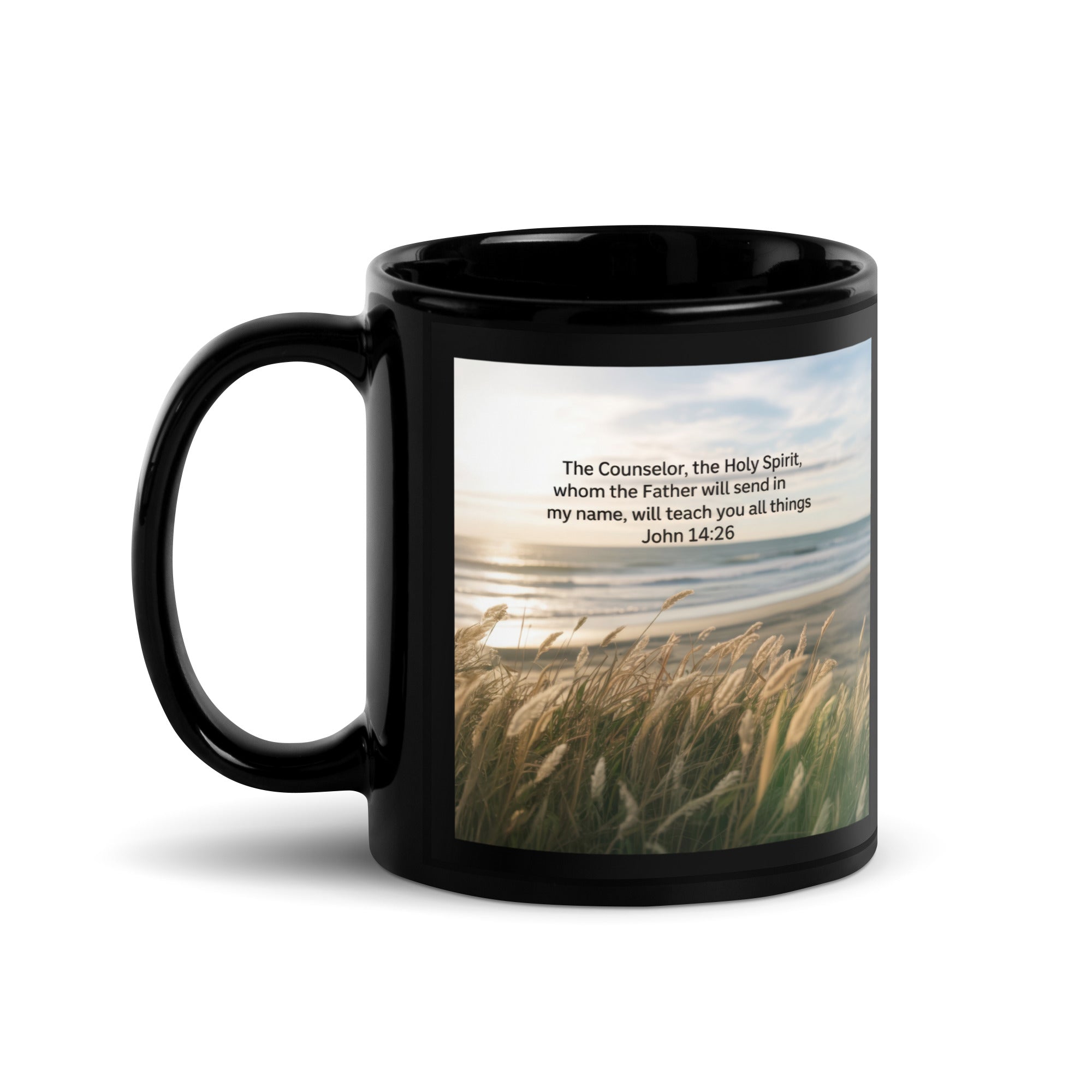 John 14:26 Bible Verse in my name Black Glossy Mug 11 oz