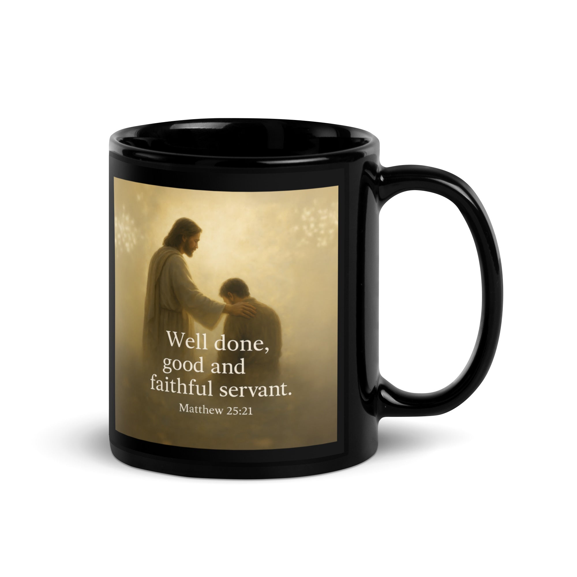 Matthew 25:21 Bible Verse Well Done Black Glossy Mug