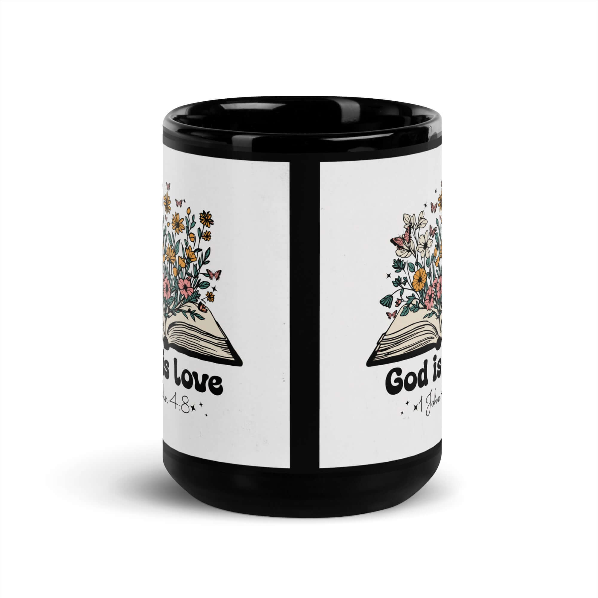 1 John 4:8 - Bible Verse, God is Love Black Glossy Mug