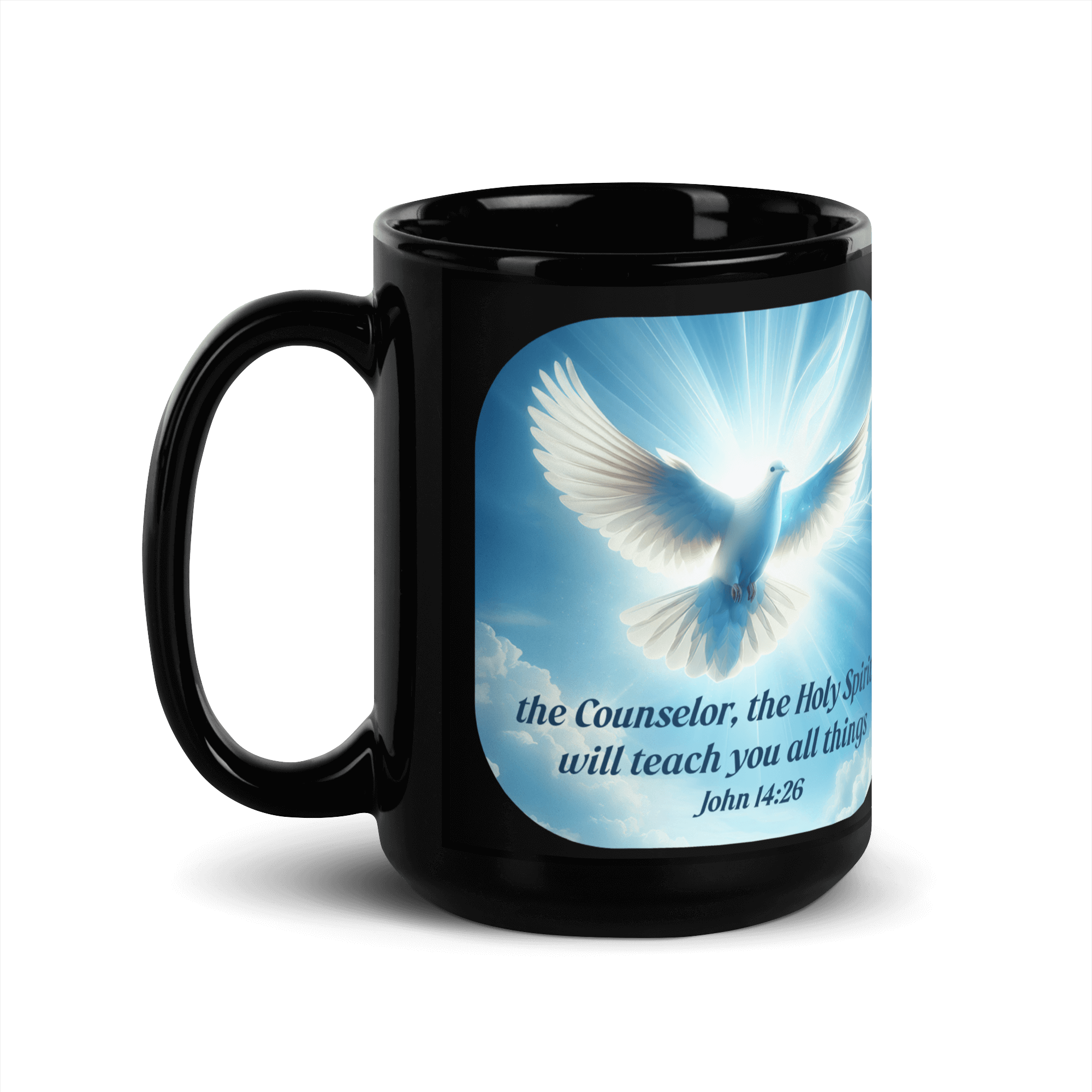 John 14:26 - Bible Verse, Holy Spirit Dove Black Mug