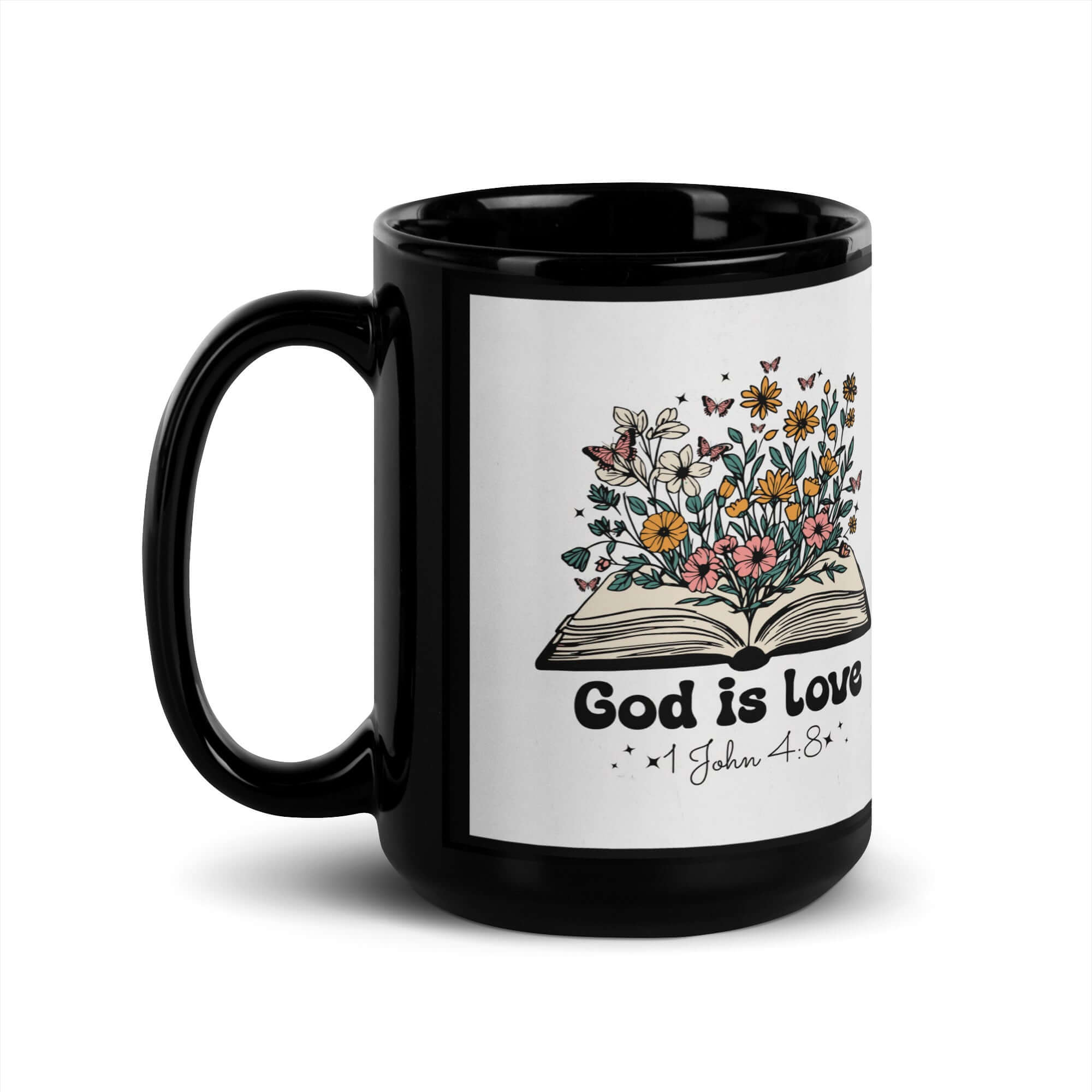 1 John 4:8 - Bible Verse, God is Love Black Glossy Mug