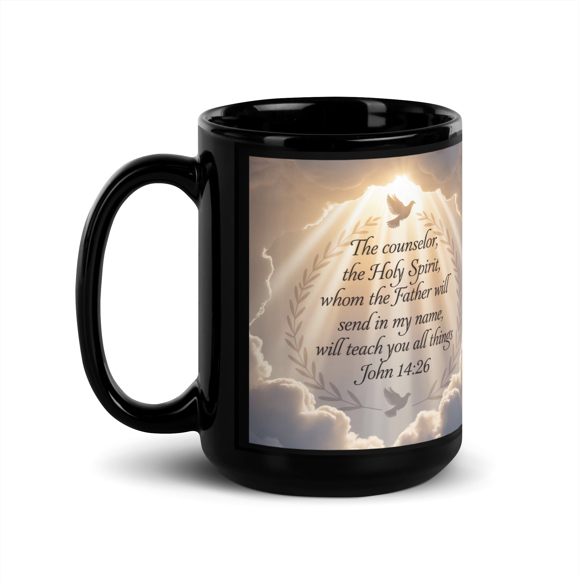 John 14:26 Bible Verse Counselor Black Glossy Mug 15 oz