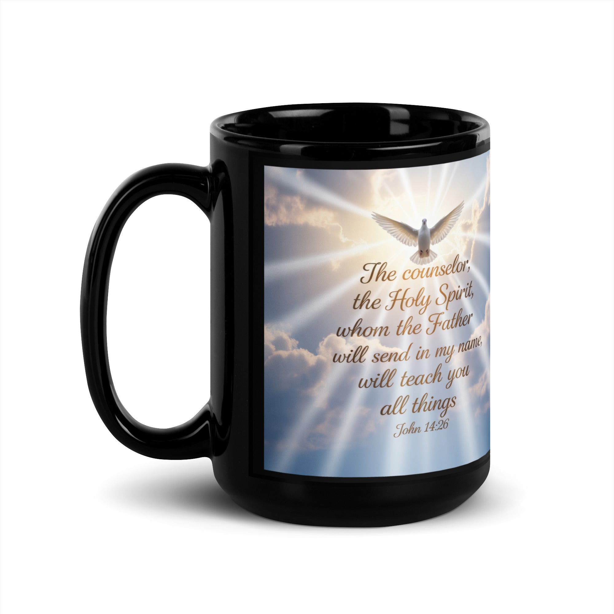 John 14:26 Bible Verse Father Black Glossy Mug 15 oz