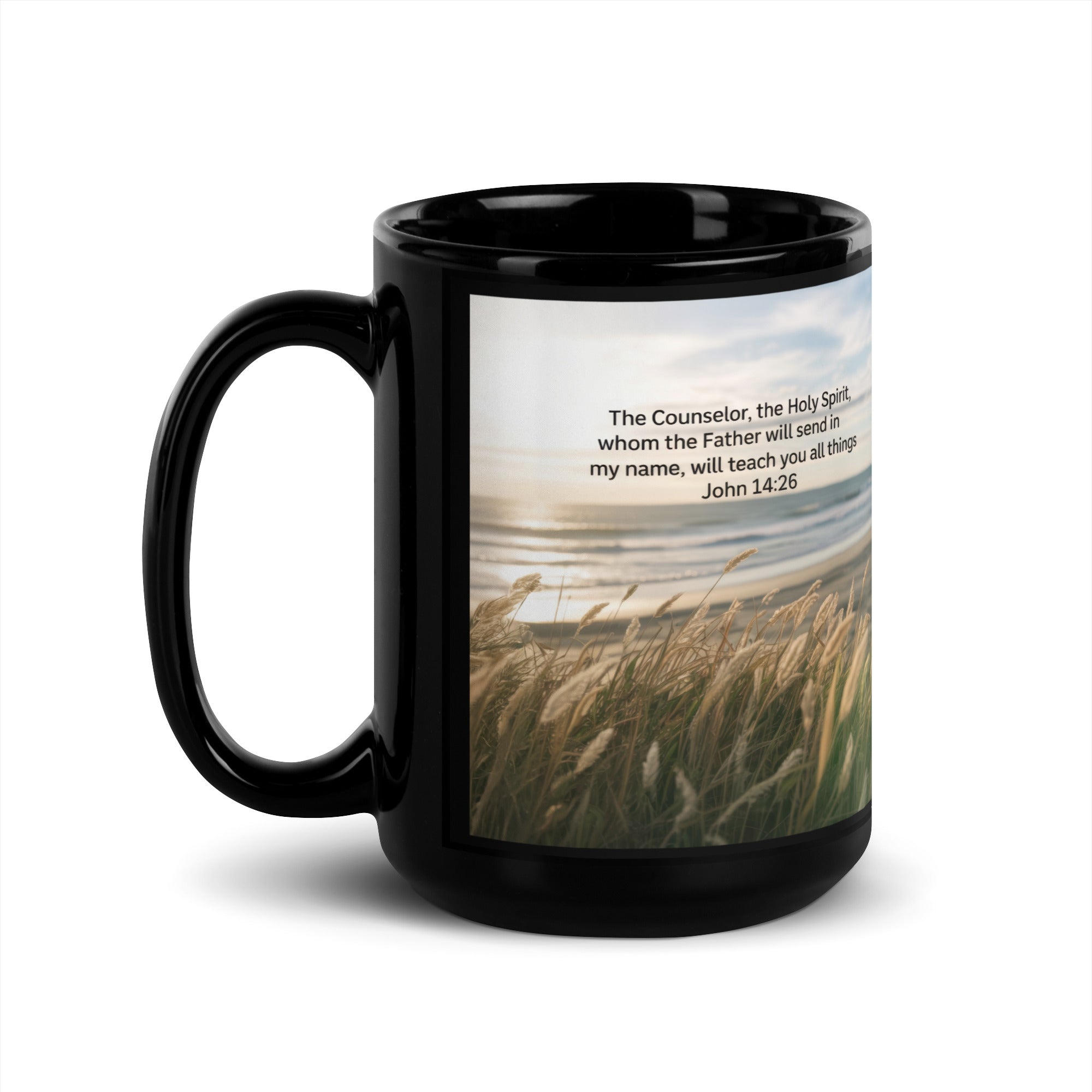 John 14:26 Bible Verse in my name Black Glossy Mug 15 oz