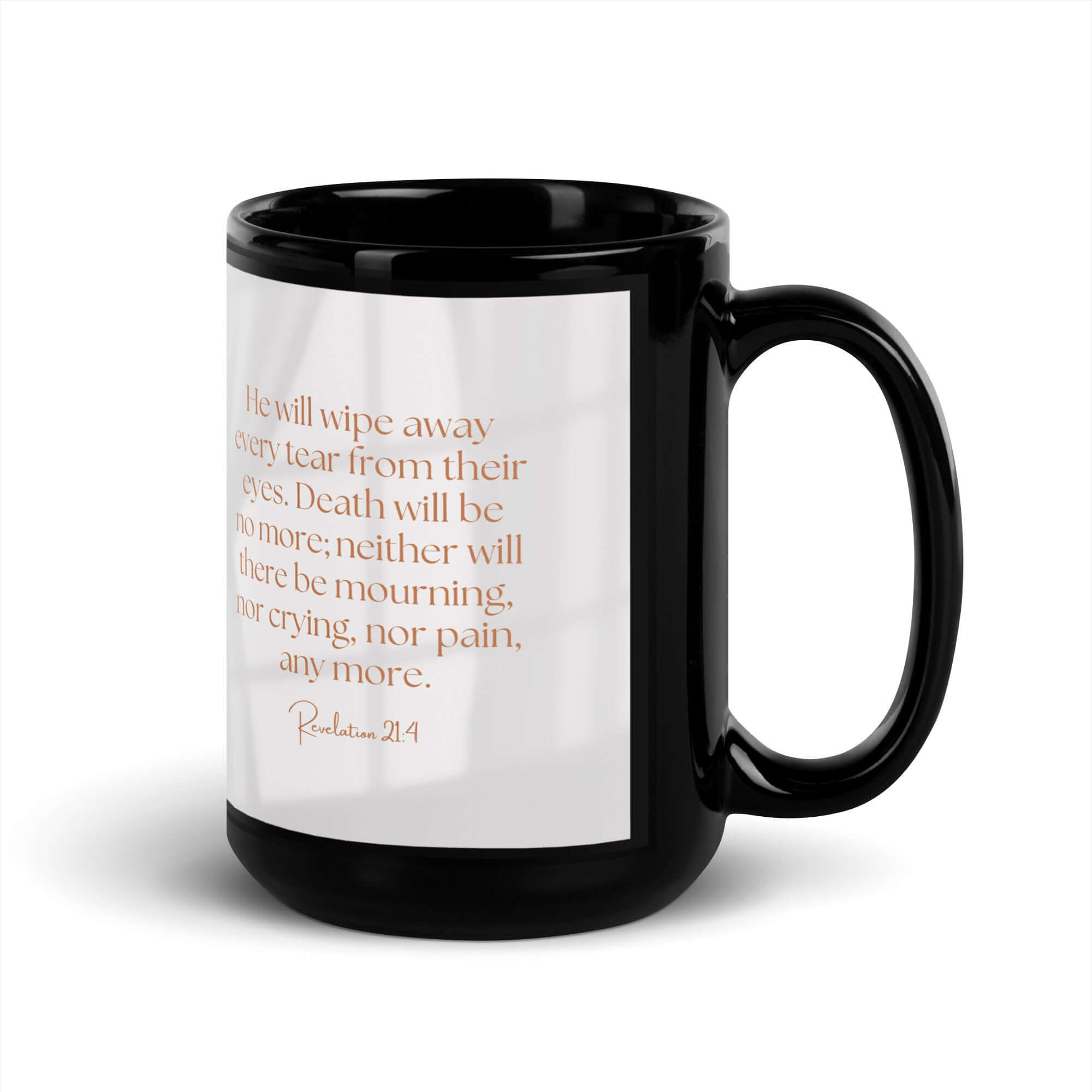 Revelation 21:4 Bible Verse, He will wipe Black Glossy Mug