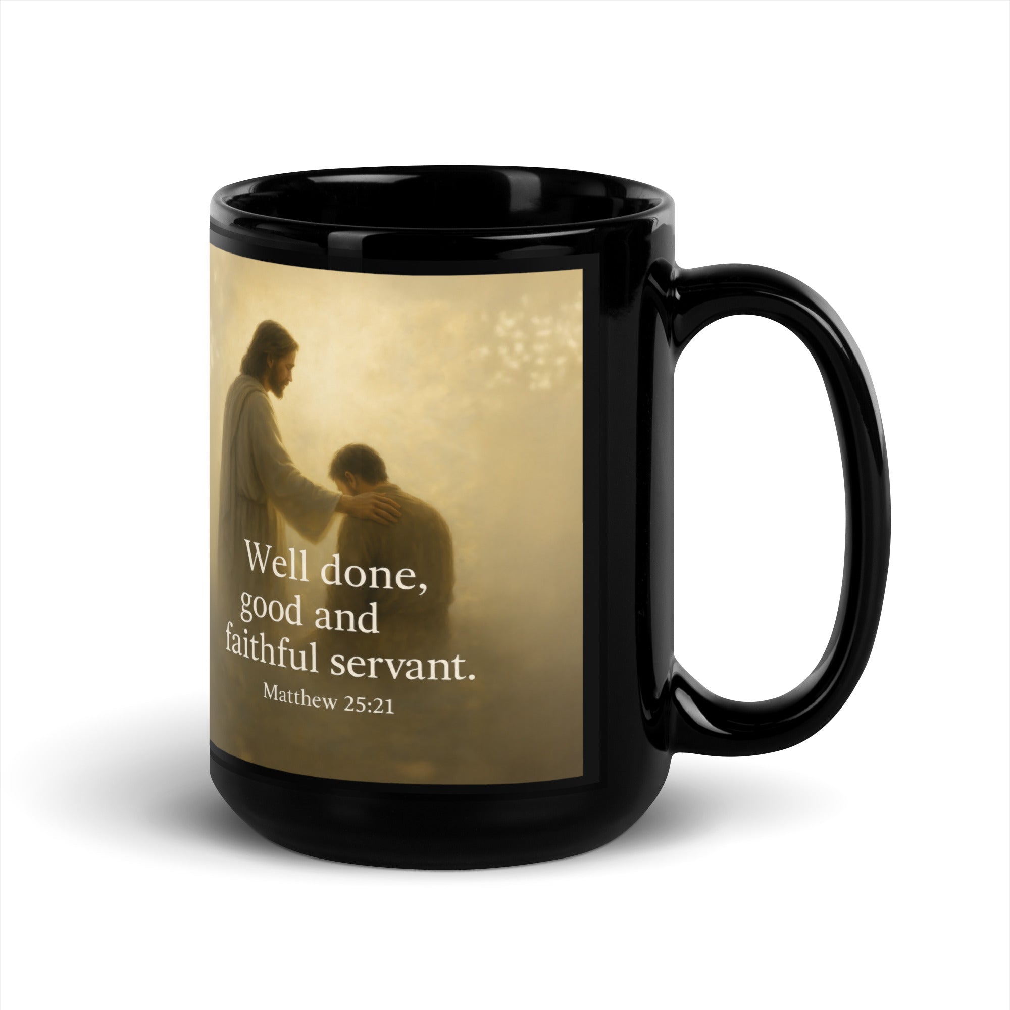 Matthew 25:21 Bible Verse Well Done Black Glossy Mug