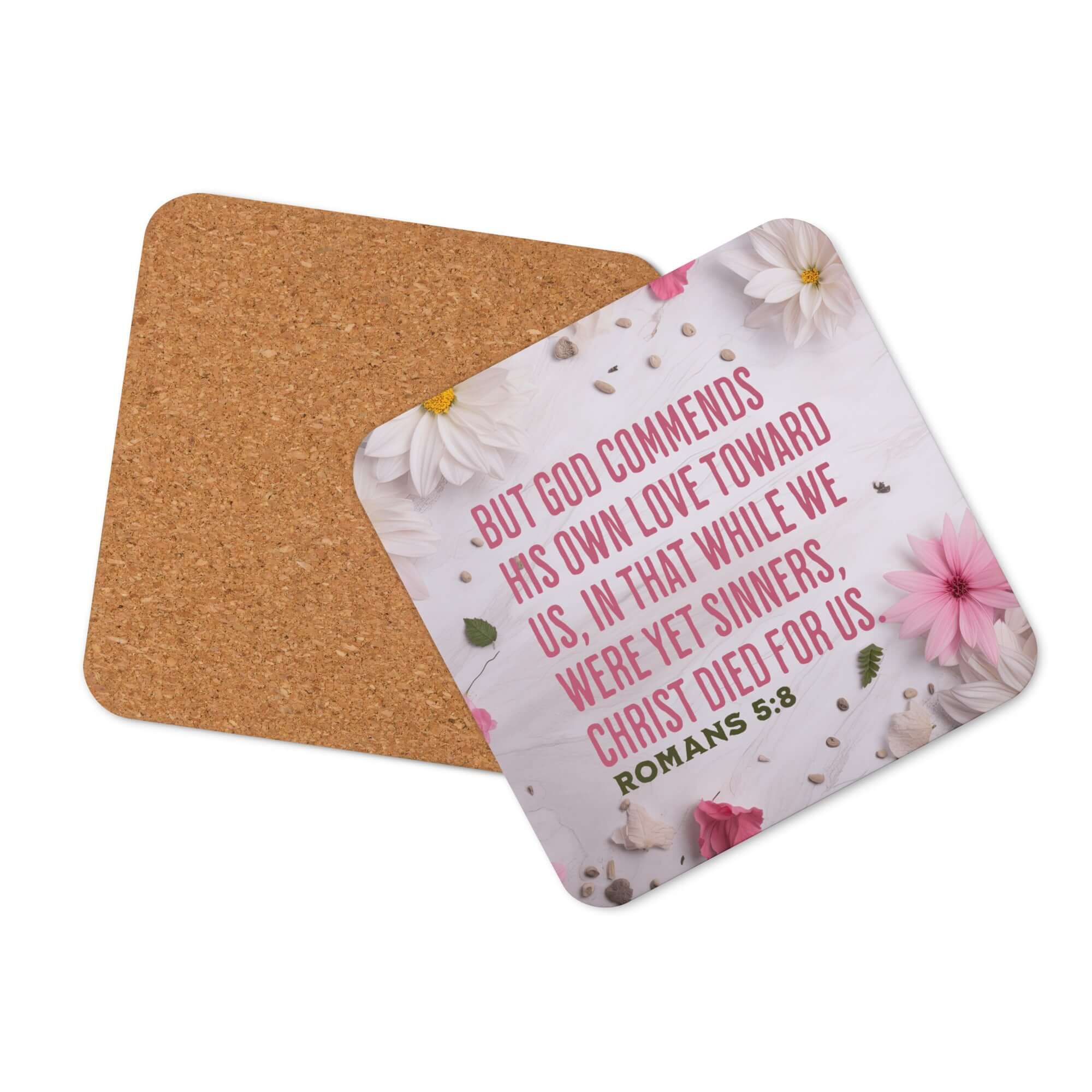 Romans 5:8 - Bible Verse, Christ Died for Us Cork-Back Coaster
