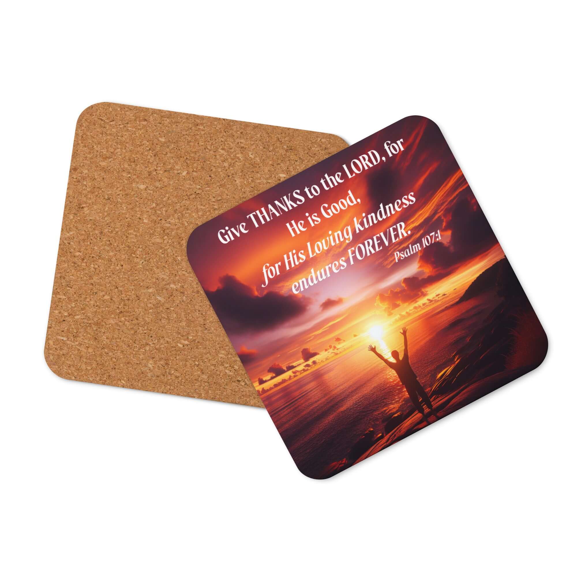 Psalm 107:1 - Bible Verse, Give Thanks to the Lord Cork-Back Coaster