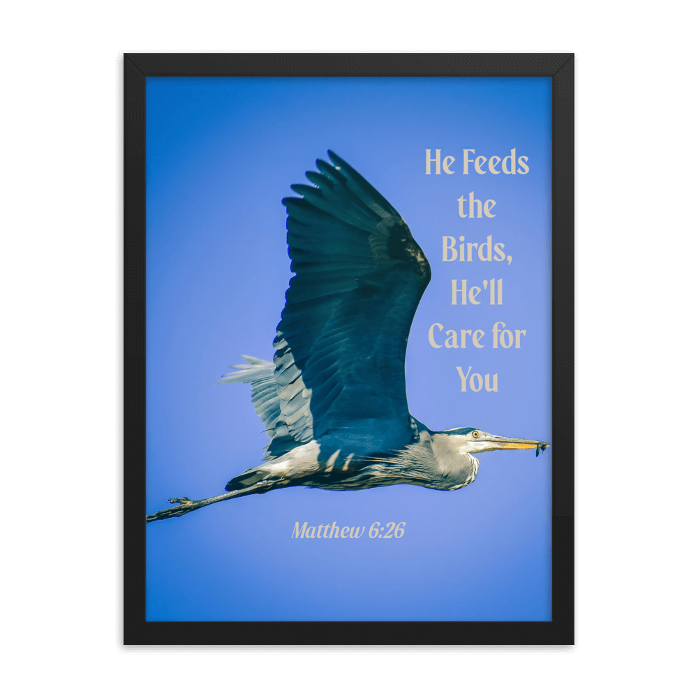 Matt 6:26, Graceful Heron, He'll Care for You Framed Poster