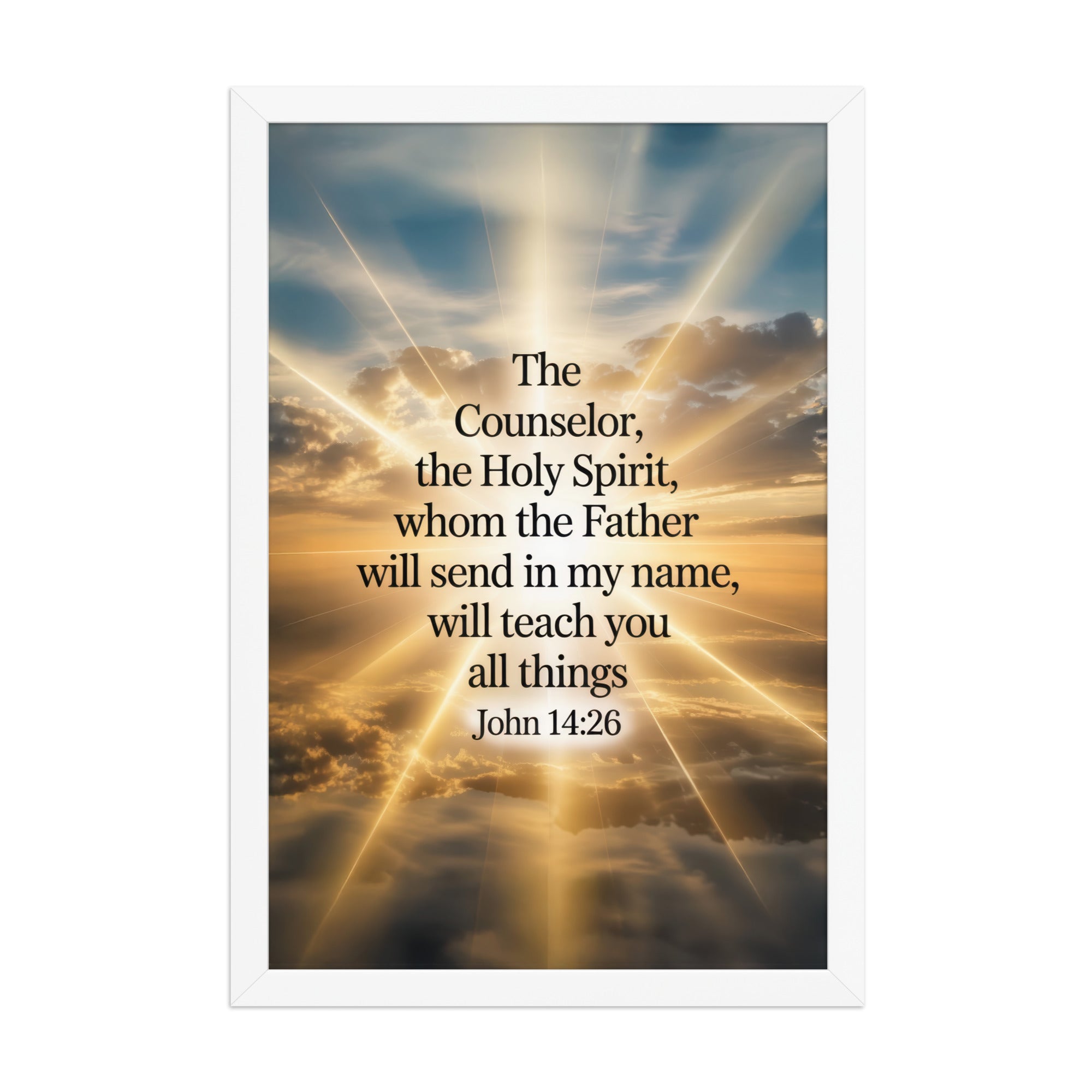 John 14:26 Bible Verse will send Enhanced Matte Paper Framed Poster White 12″×18″