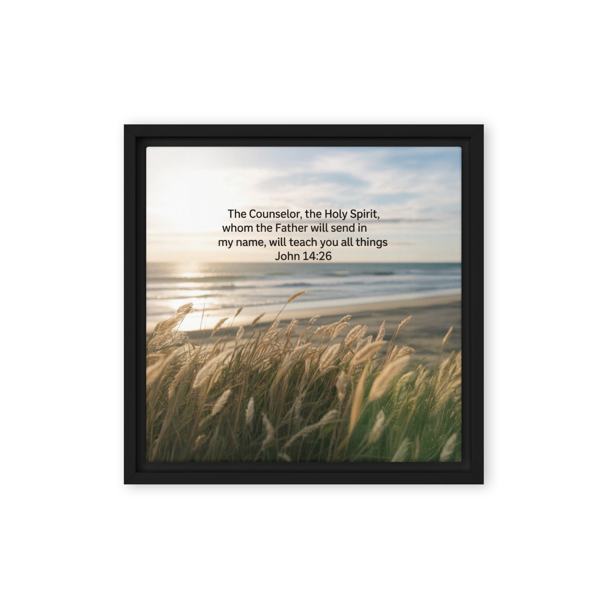 John 14:26 Bible Verse in my name Framed Canvas Black 12″×12″