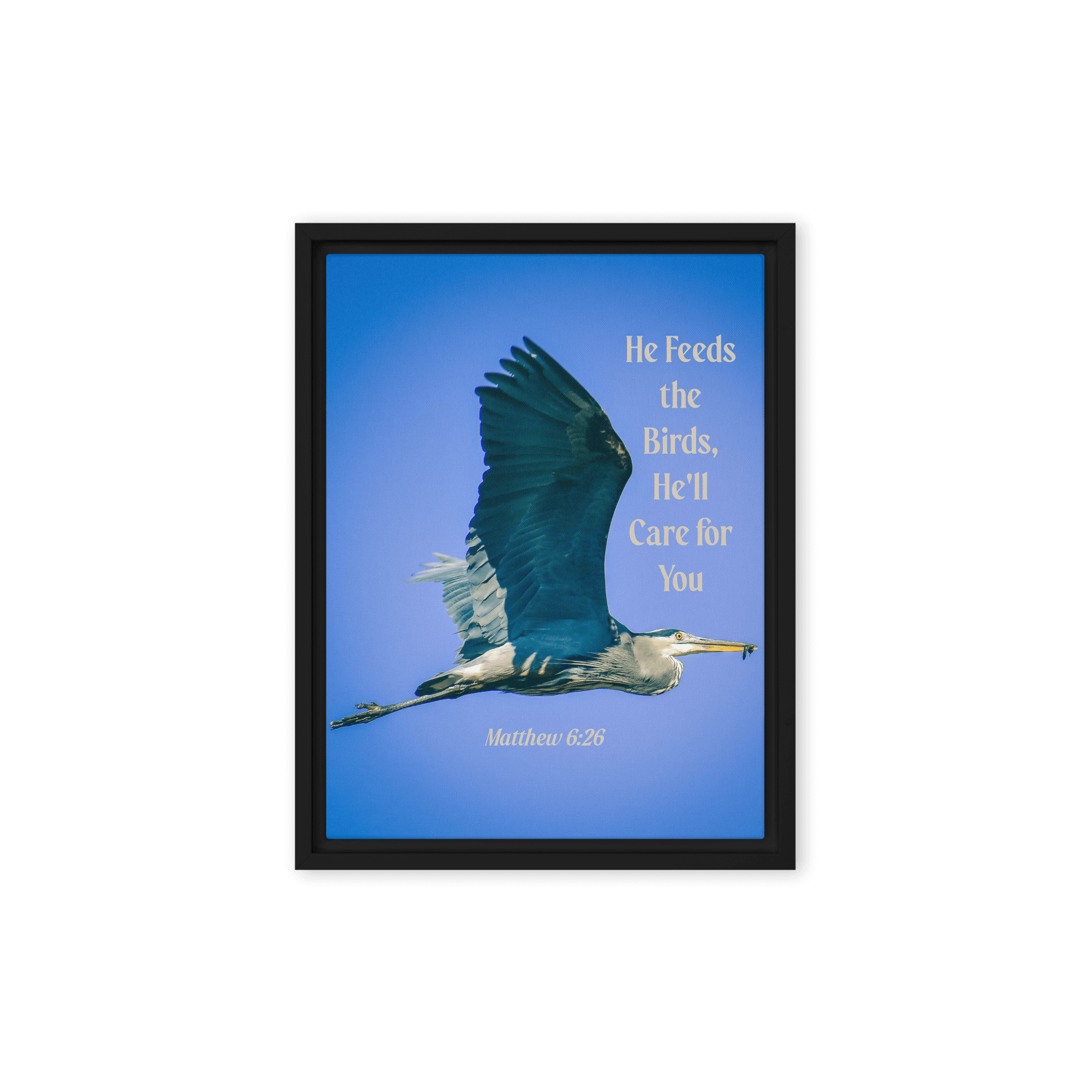 Matt 6:26, Graceful Heron, He'll Care for You Framed Canvas