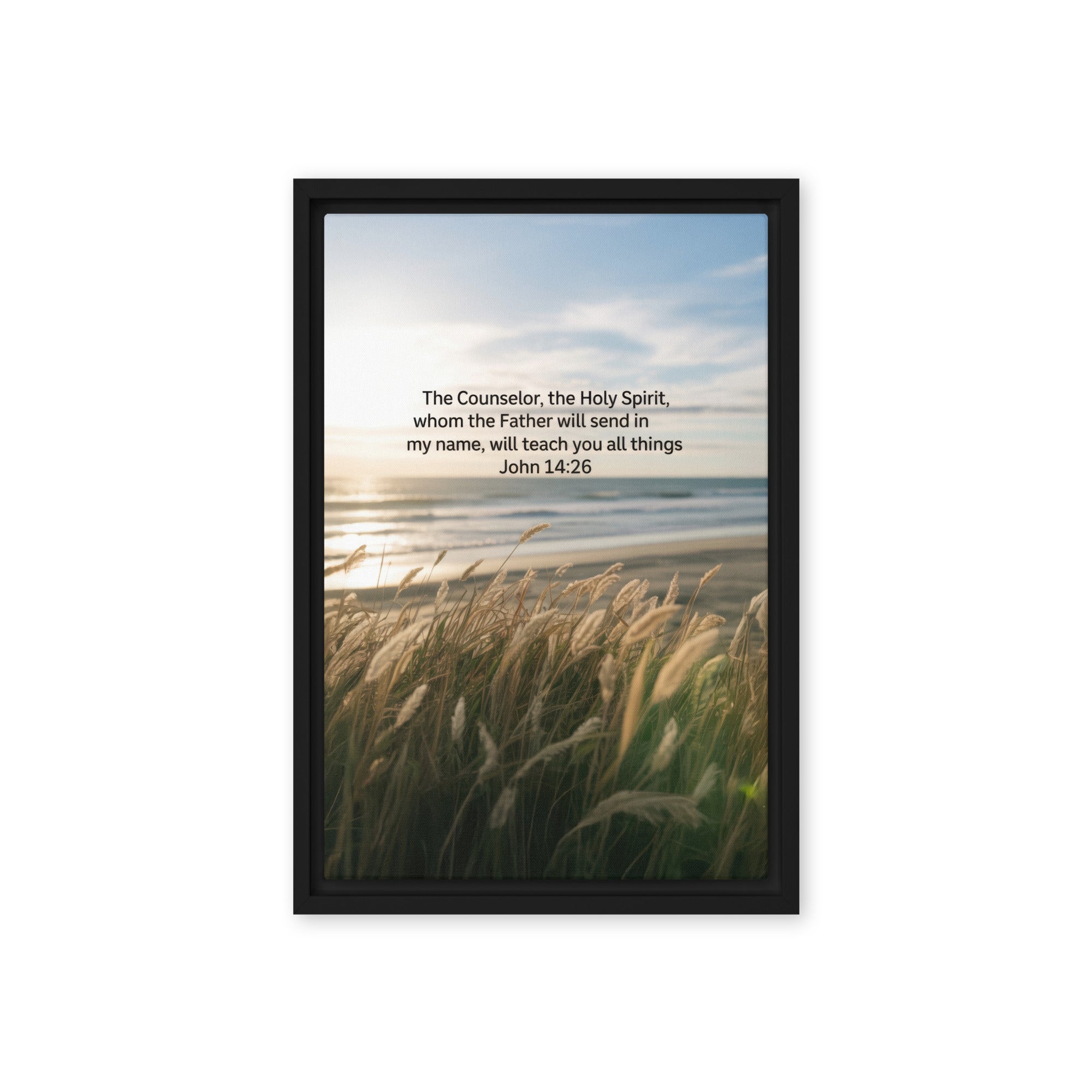John 14:26 Bible Verse in my name Framed Canvas Black 12″×18″
