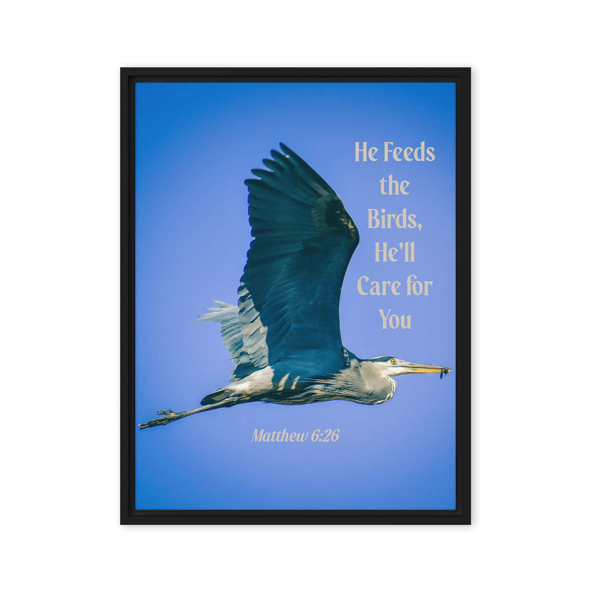 Matt 6:26, Graceful Heron, He'll Care for You Framed Canvas