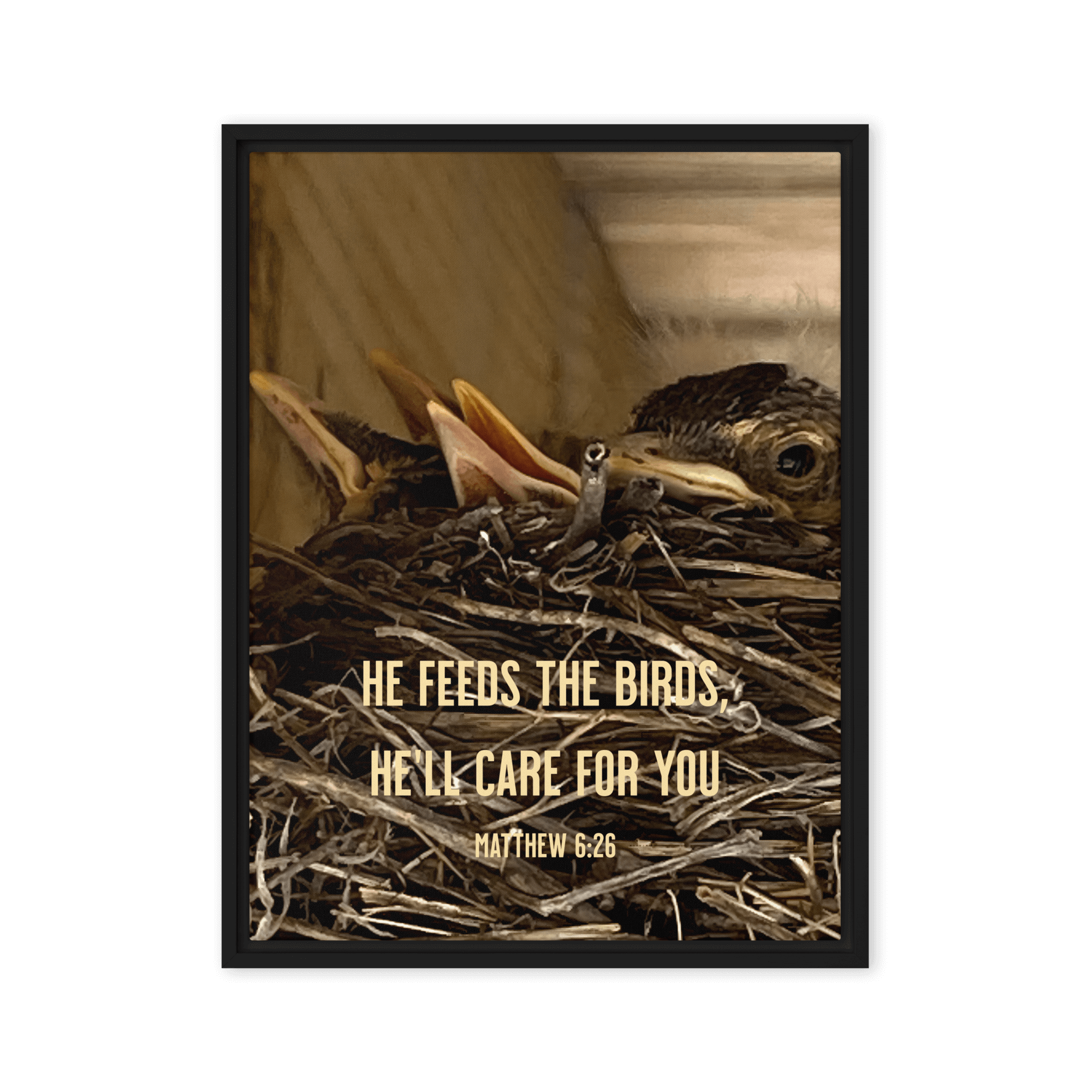 Matt 6:26, Baby Robins, He'll Care for You Framed Canvas