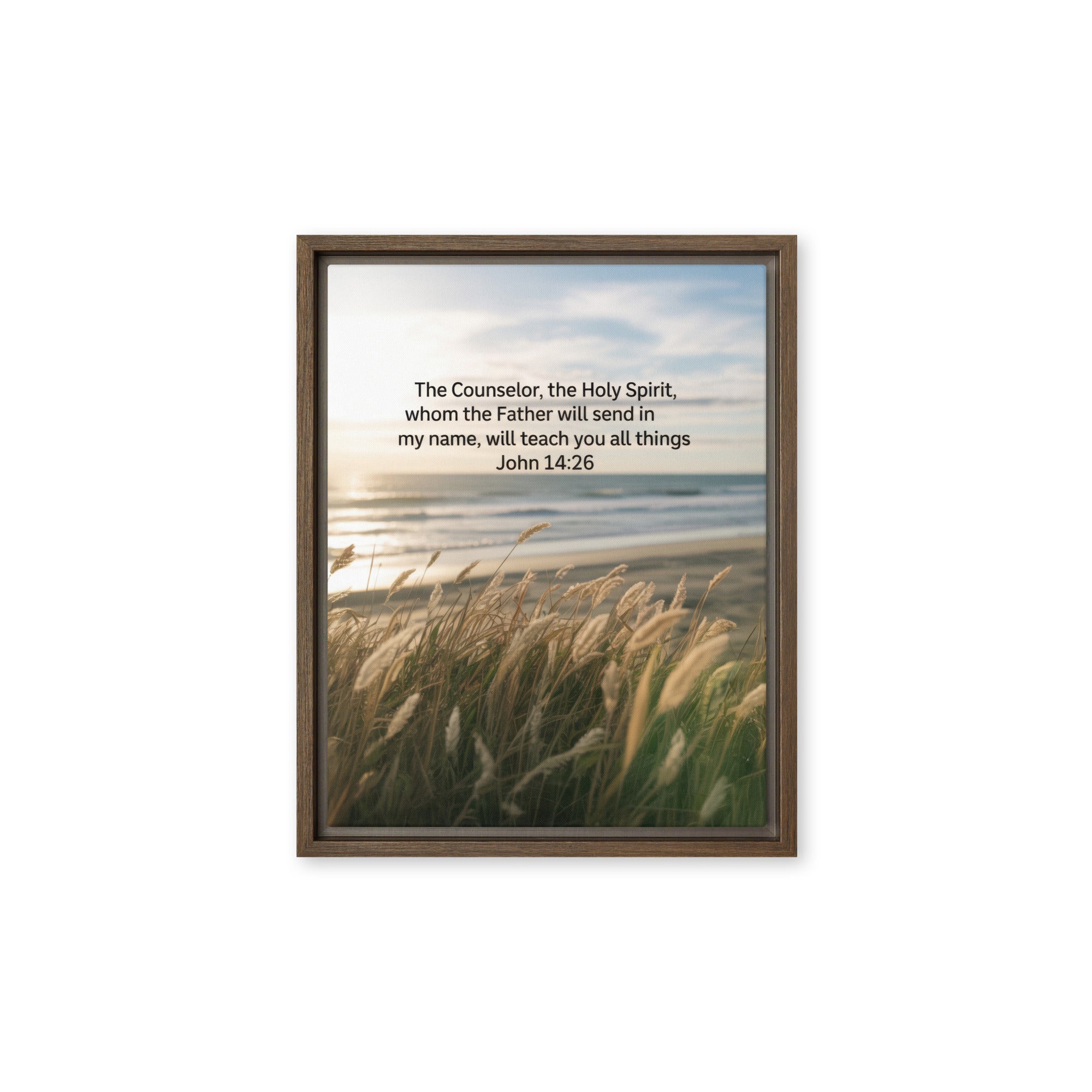 John 14:26 Bible Verse in my name Framed Canvas Brown 11″×14″