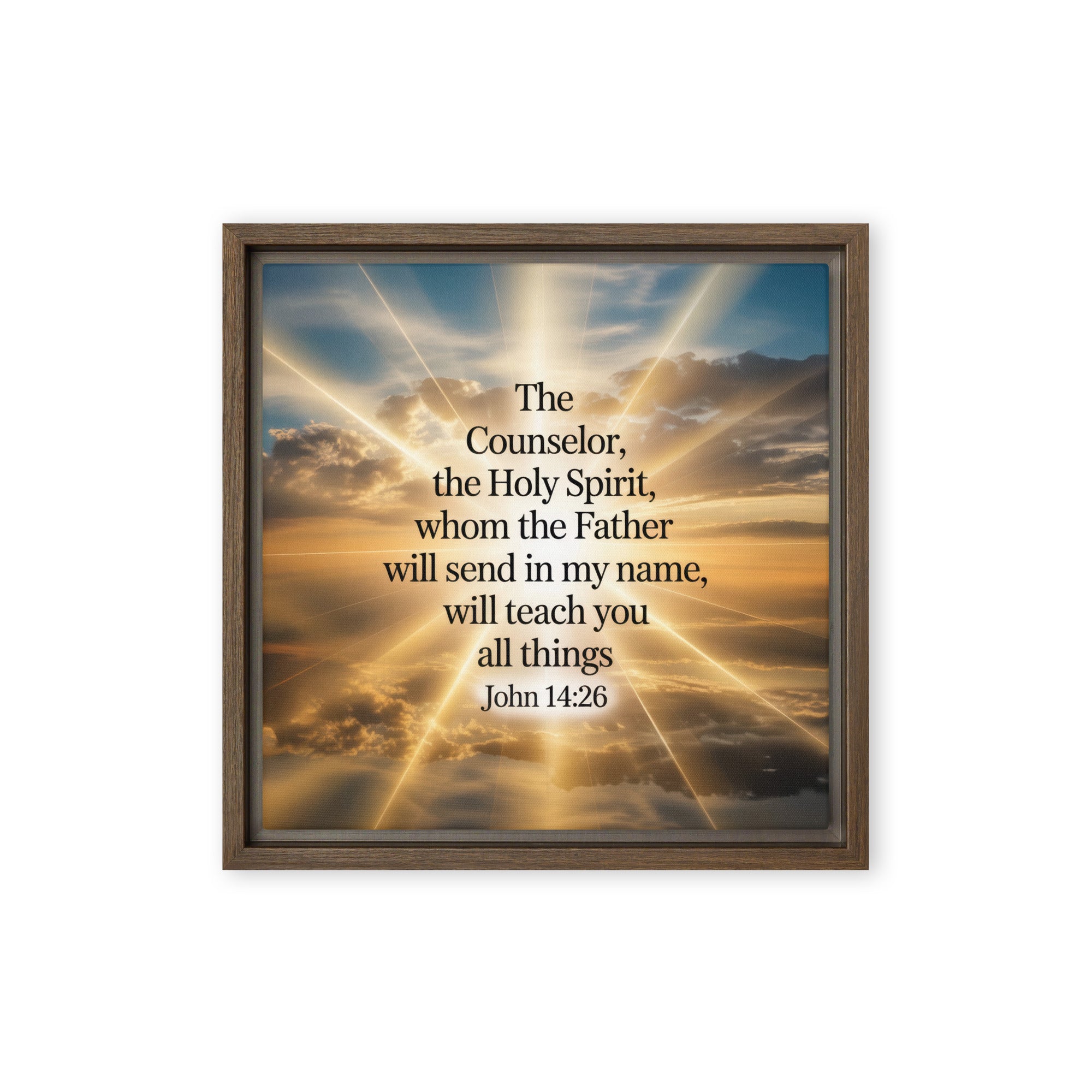 John 14:26 Bible Verse will send Framed Canvas Brown 12″×12″
