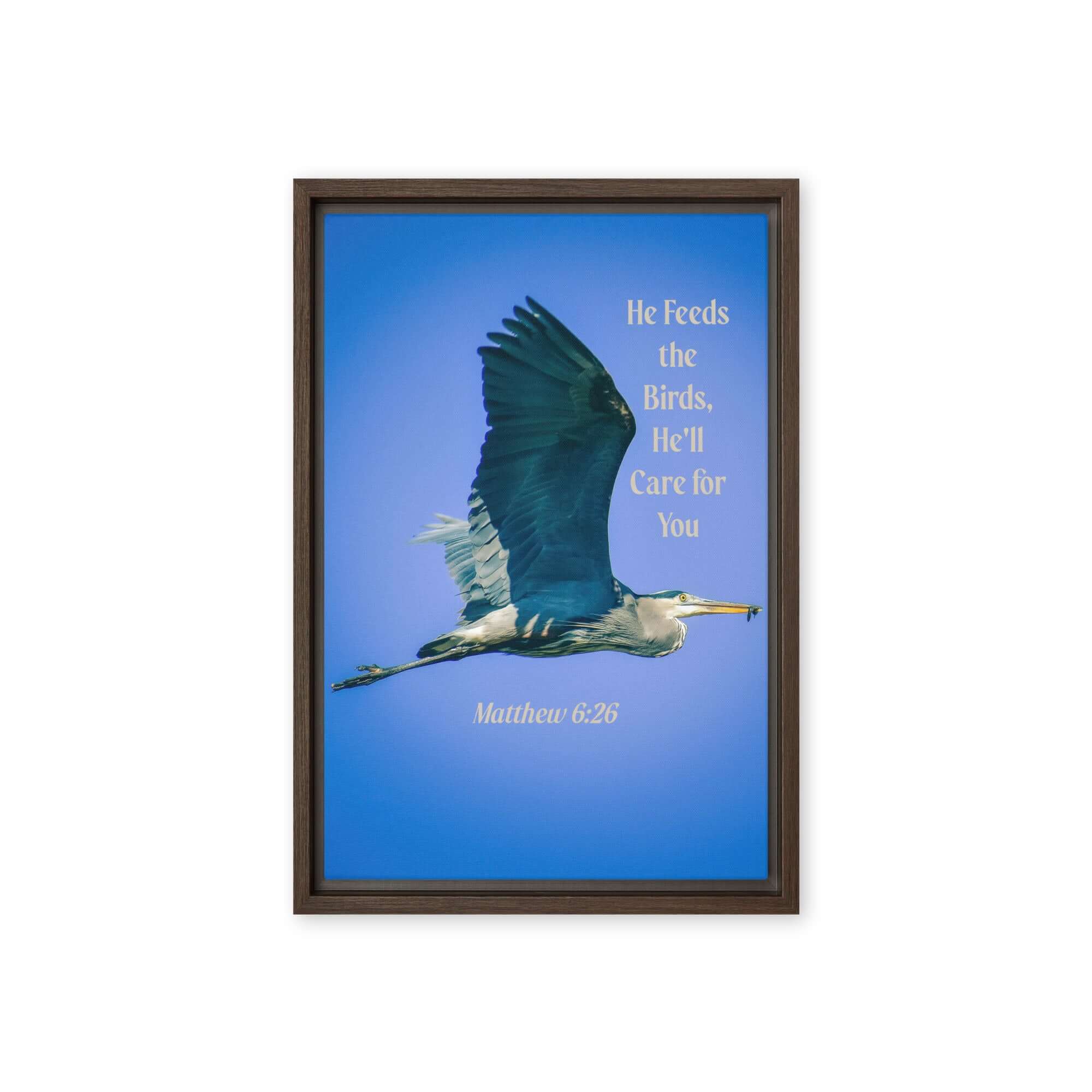 Matt 6:26, Graceful Heron, He'll Care for You Framed Canvas